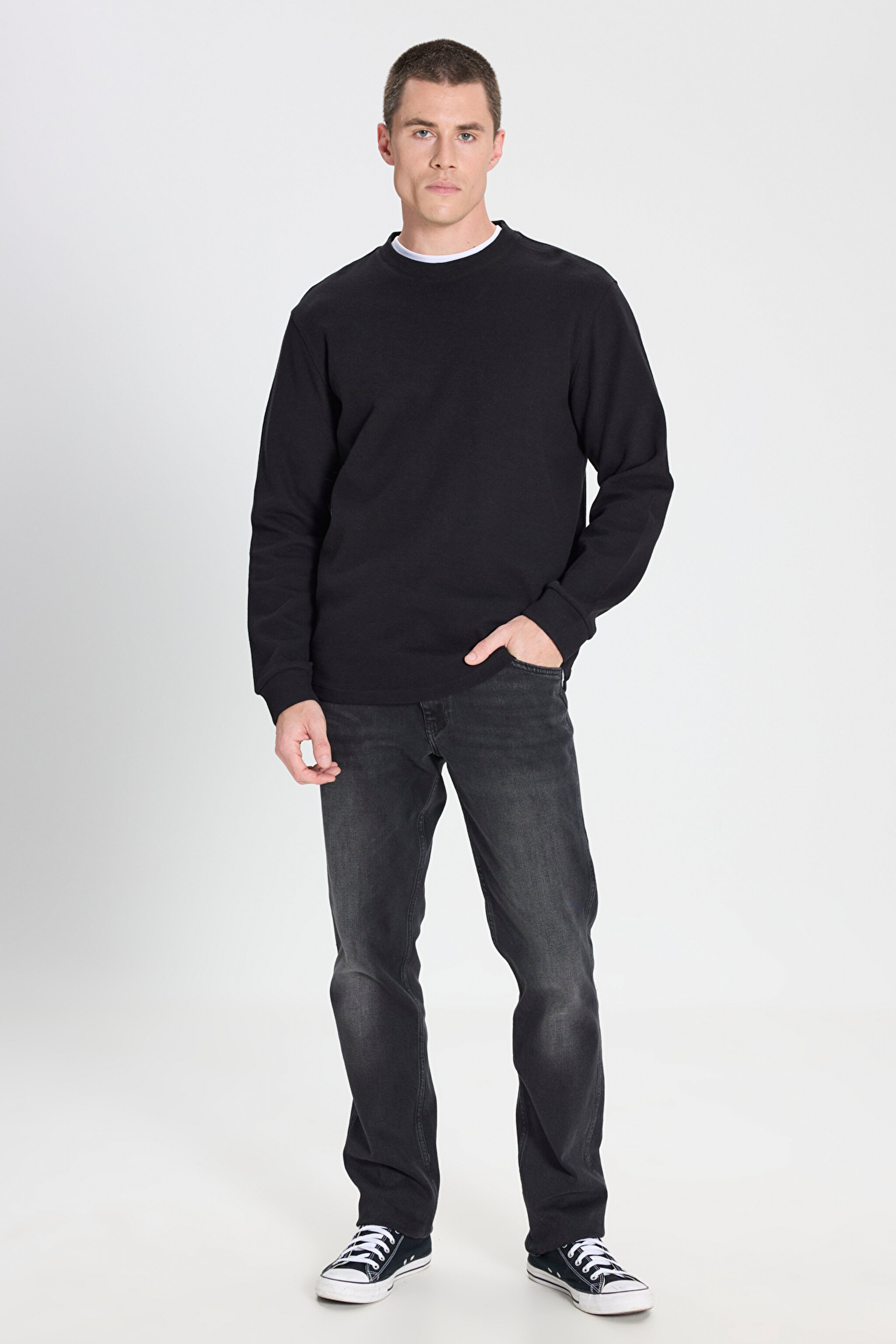 Regular Fit Normal Kesim Bisiklet Yaka Siyah Tişört - Black-W242776001 (görsel 3)