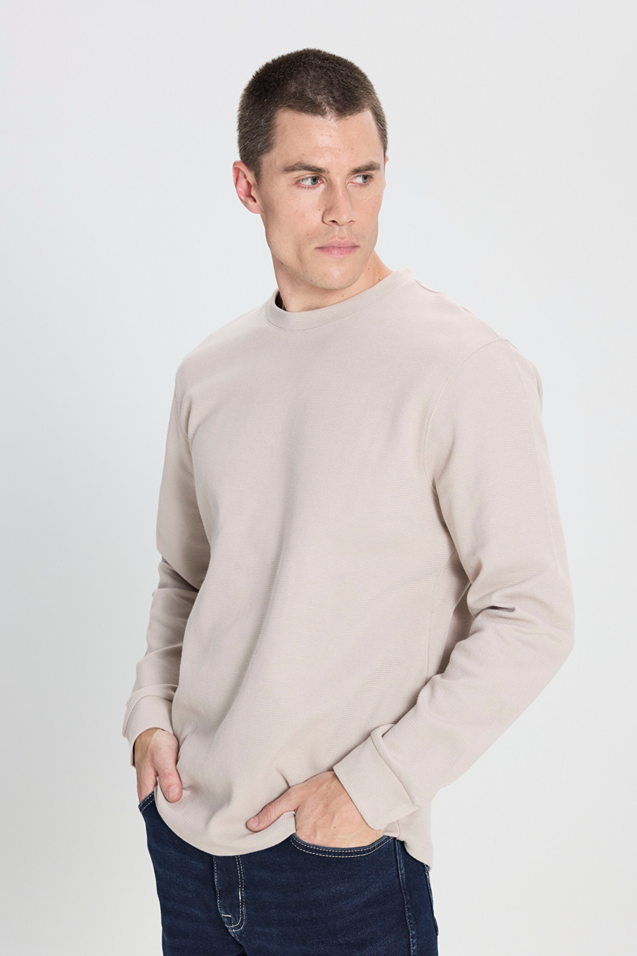 Regular Fit Normal Kesim Bisiklet Yaka Bej Tişört - Beige-W242776614