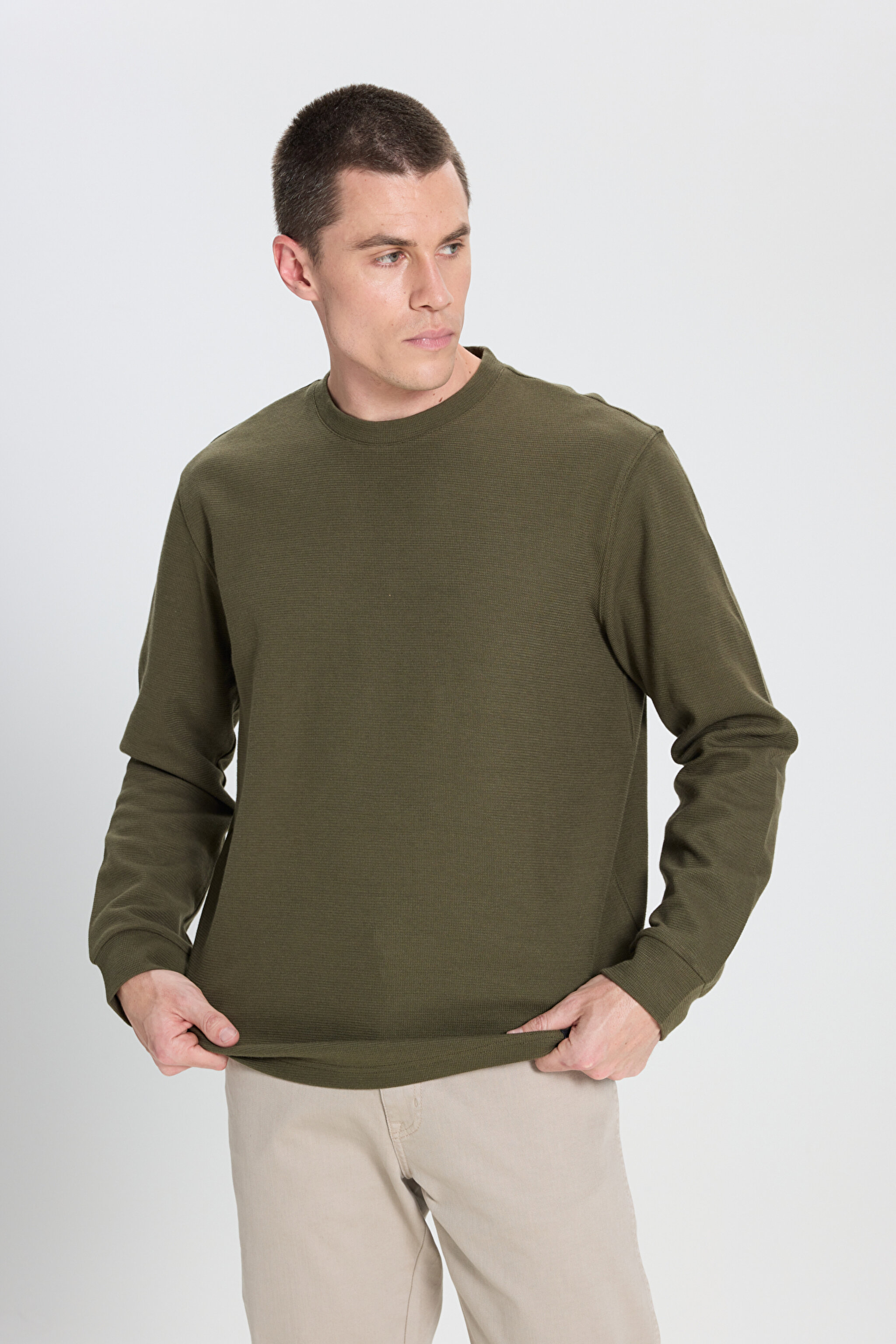 Regular Fit Normal Kesim Bisiklet Yaka Haki Tişört - Khaki-W242776801