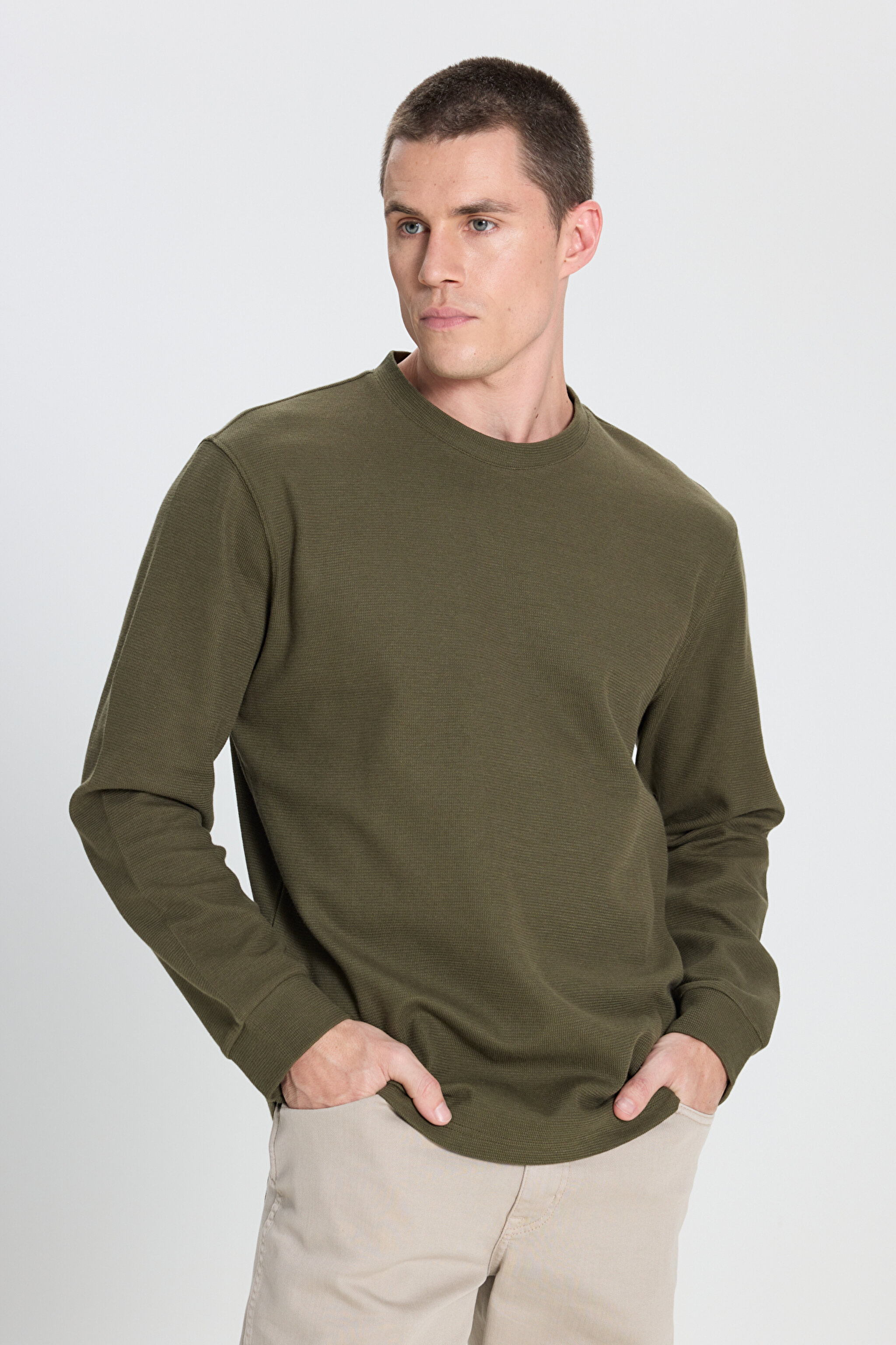 Regular Fit Normal Kesim Bisiklet Yaka Haki Tişört - Khaki-W242776801 (görsel 2)