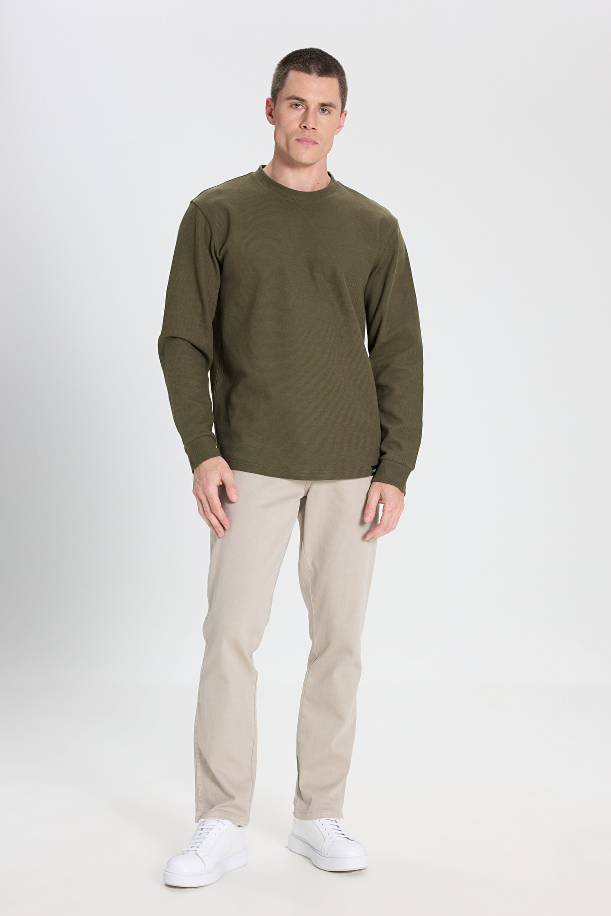 Regular Fit Normal Kesim Bisiklet Yaka Haki Tişört - Khaki-W242776801 (görsel 3)