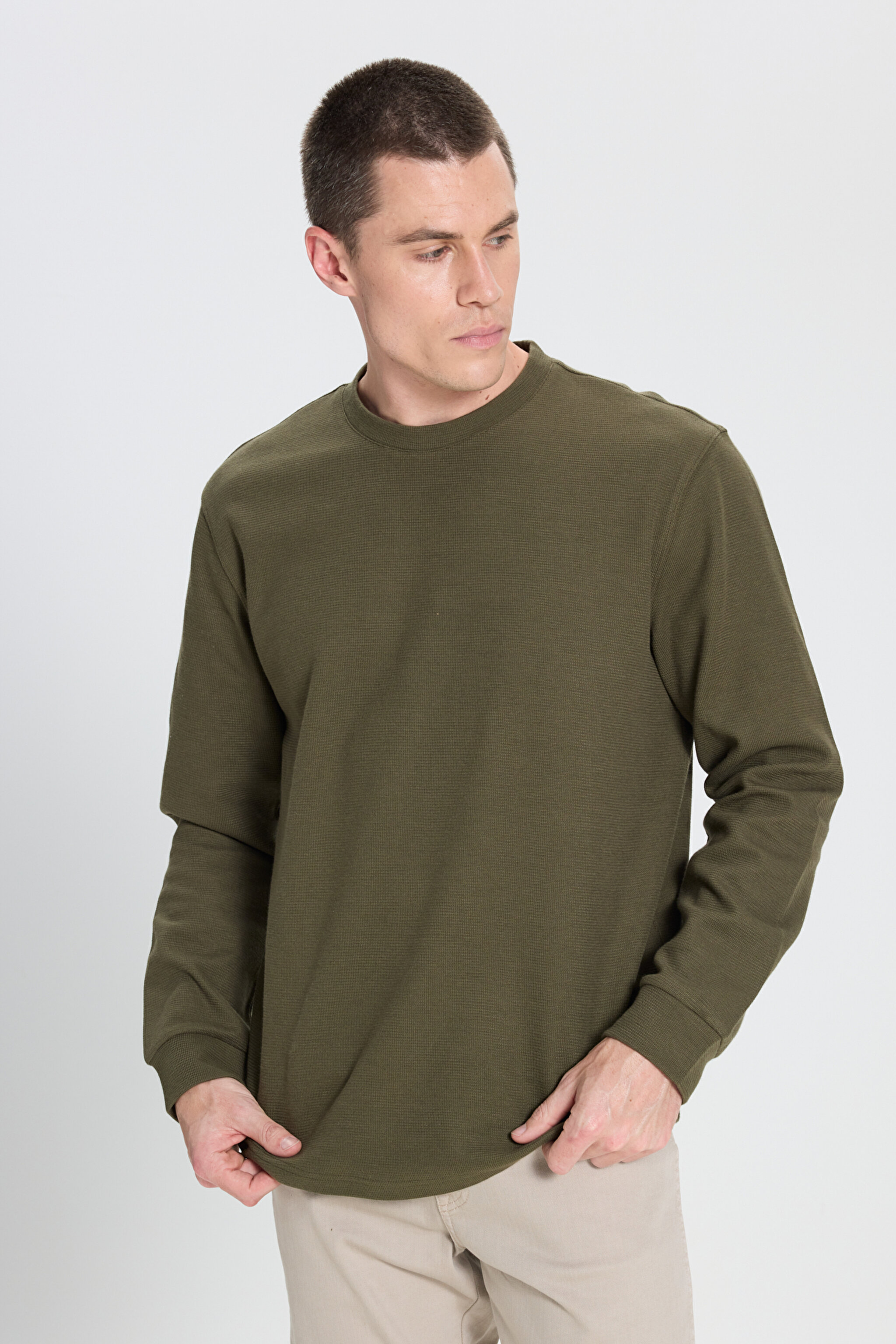 Regular Fit Normal Kesim Bisiklet Yaka Haki Tişört - Khaki-W242776801 (görsel 5)