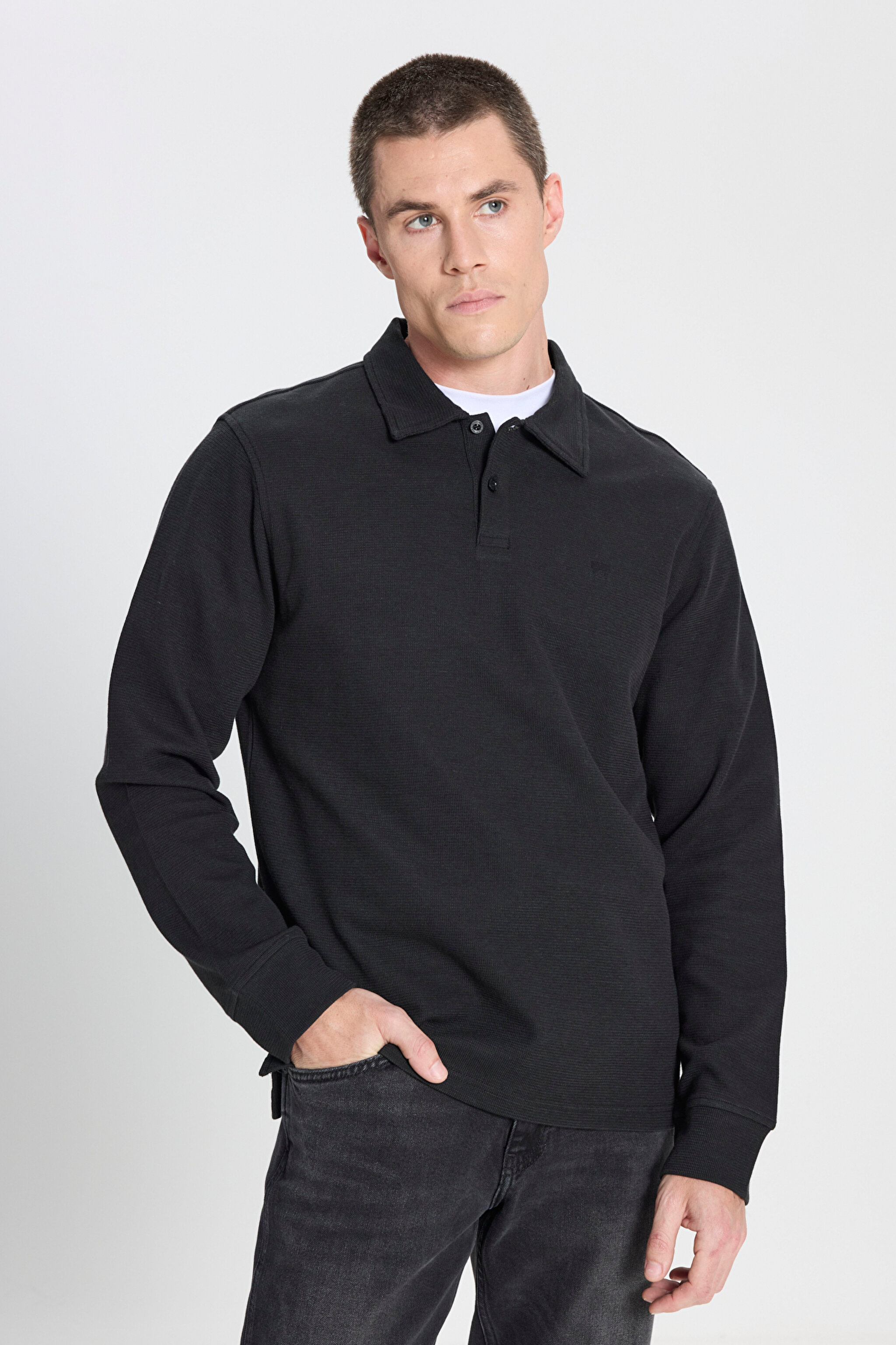Regular Fit Normal Kesim Siyah Polo Yaka Tişört - Black-W242778001 (görsel 2)