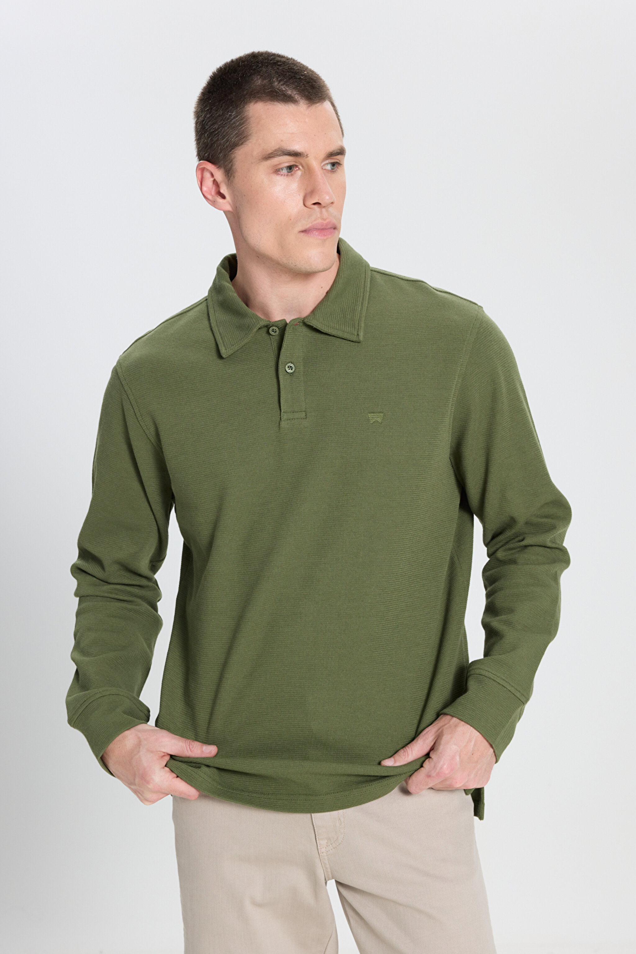 Regular Fit Normal Kesim Haki Polo Yaka Tişört - Olive-W242778308 (görsel 2)