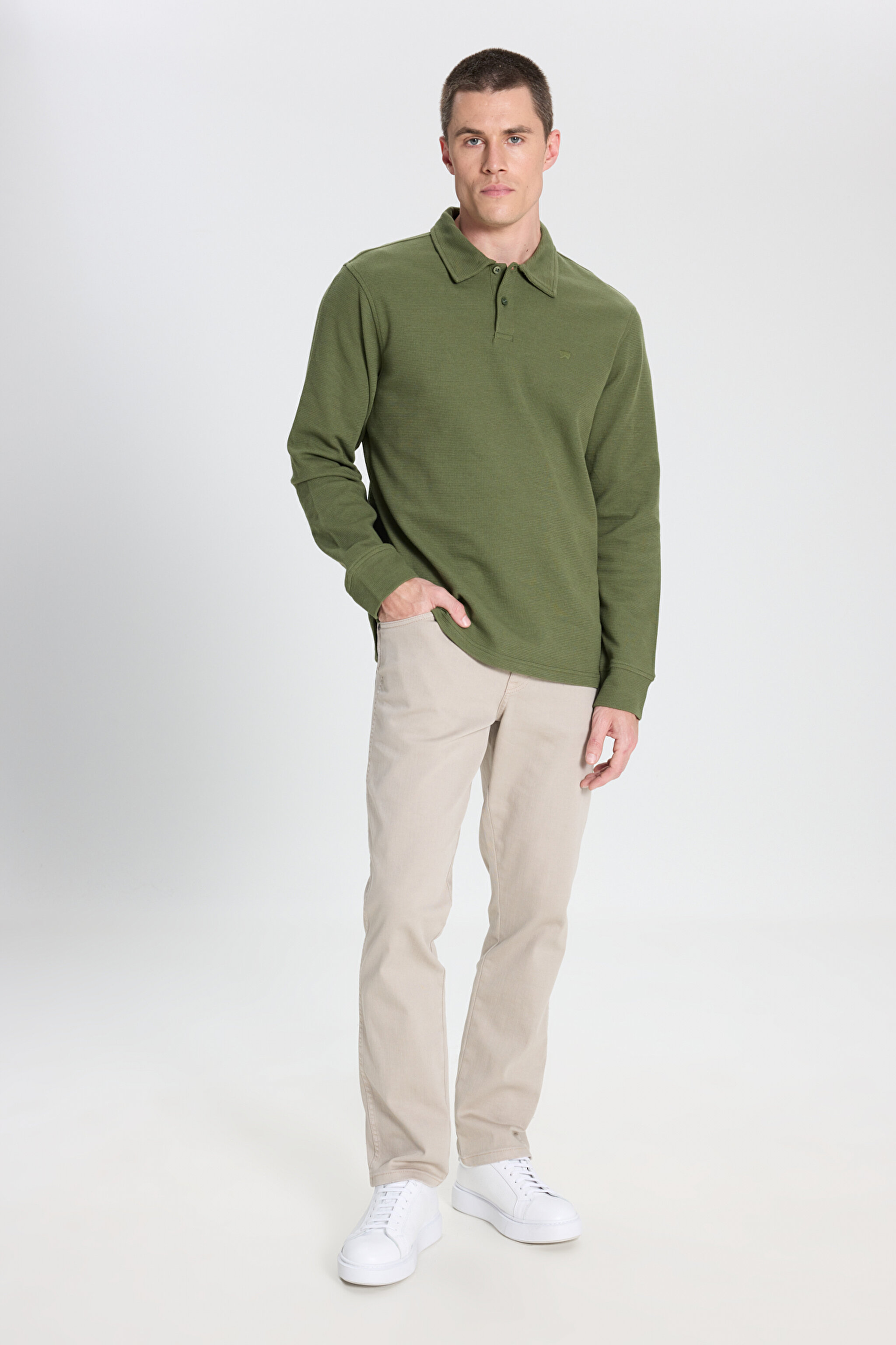 Regular Fit Normal Kesim Haki Polo Yaka Tişört - Olive-W242778308 (görsel 3)