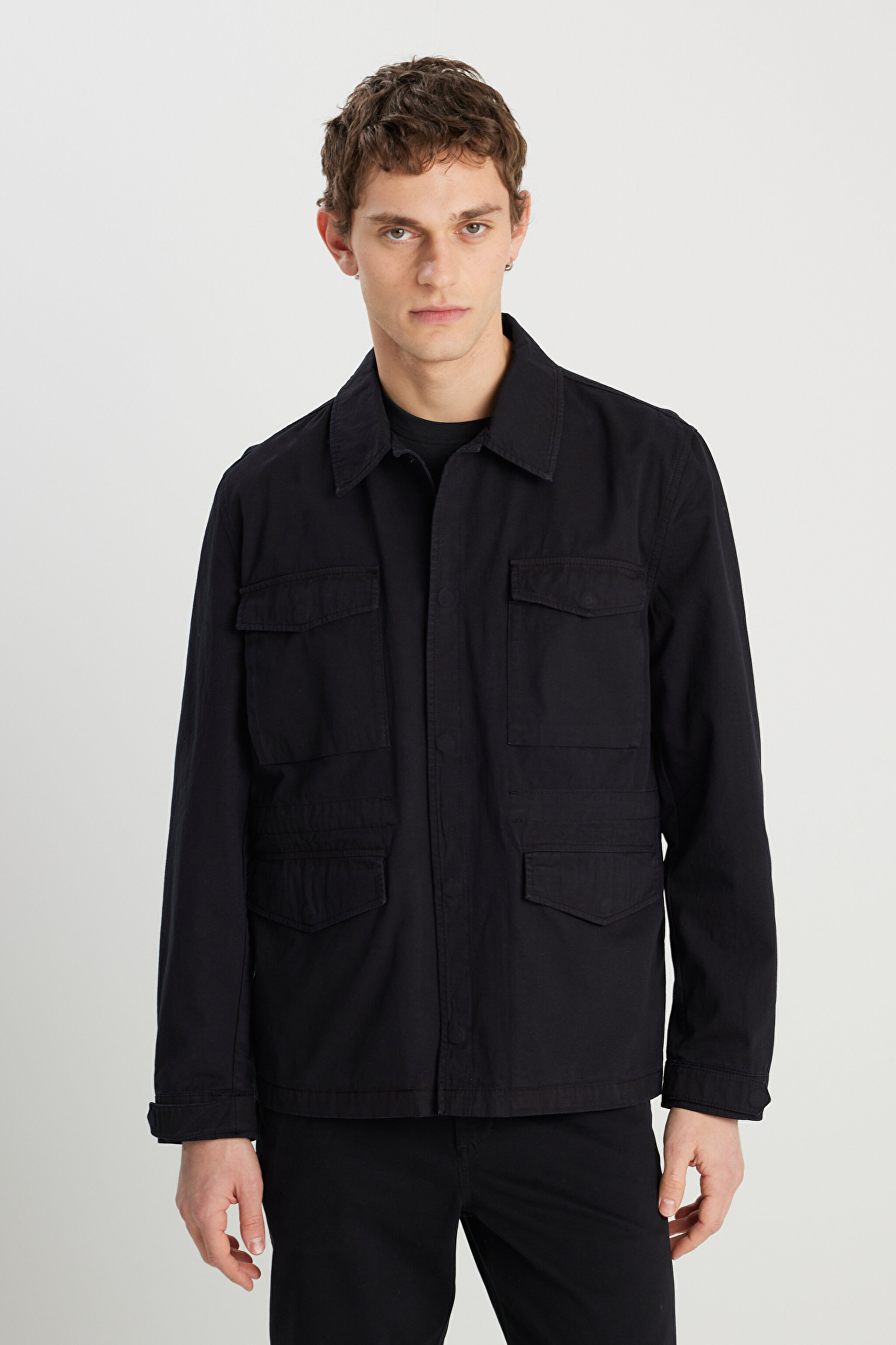 Regular Fit Normal Kesim %100 Pamuk Siyah Military Ceket - Black-W242780001