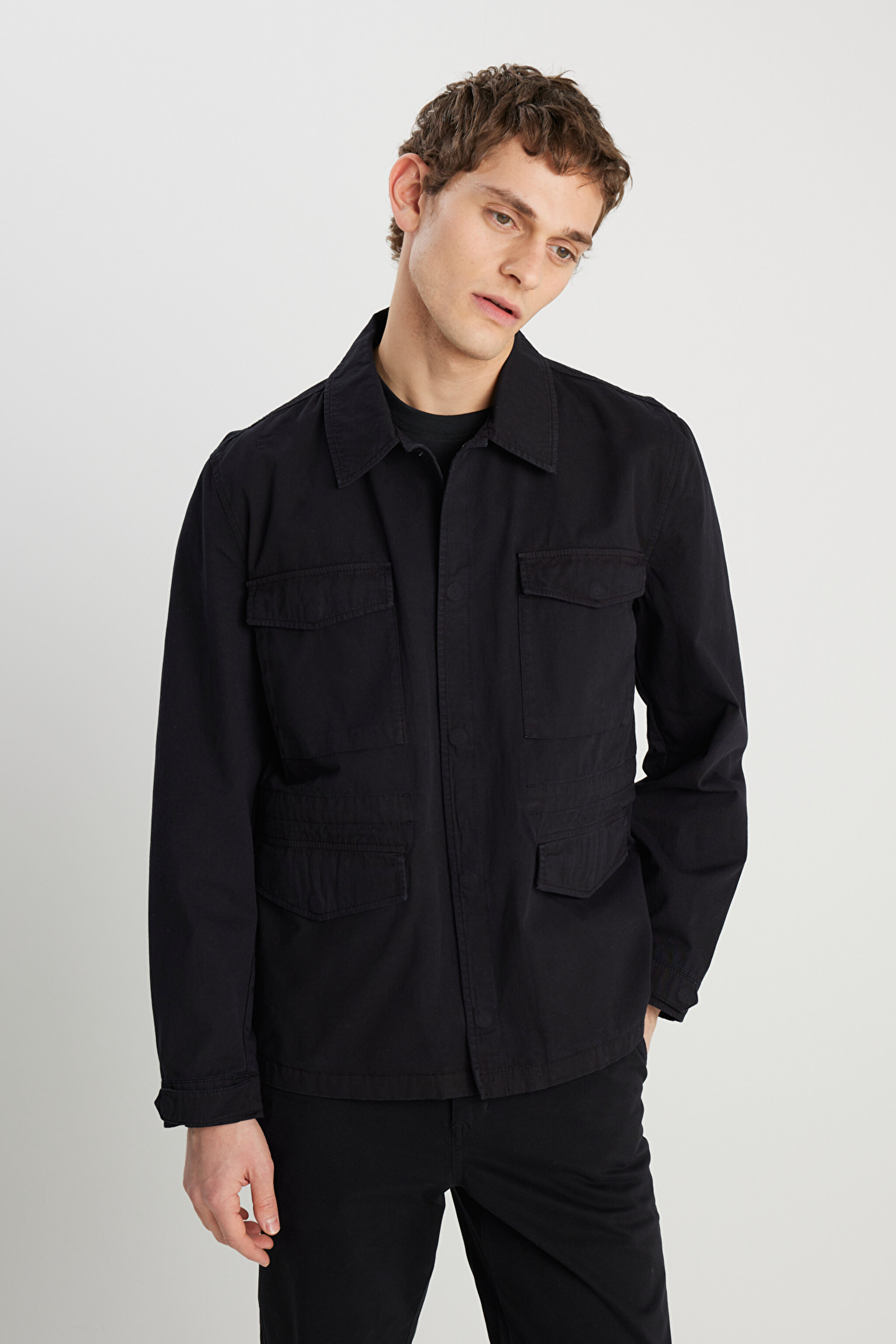 Regular Fit Normal Kesim %100 Pamuk Siyah Military Ceket - Black-W242780001 (görsel 2)