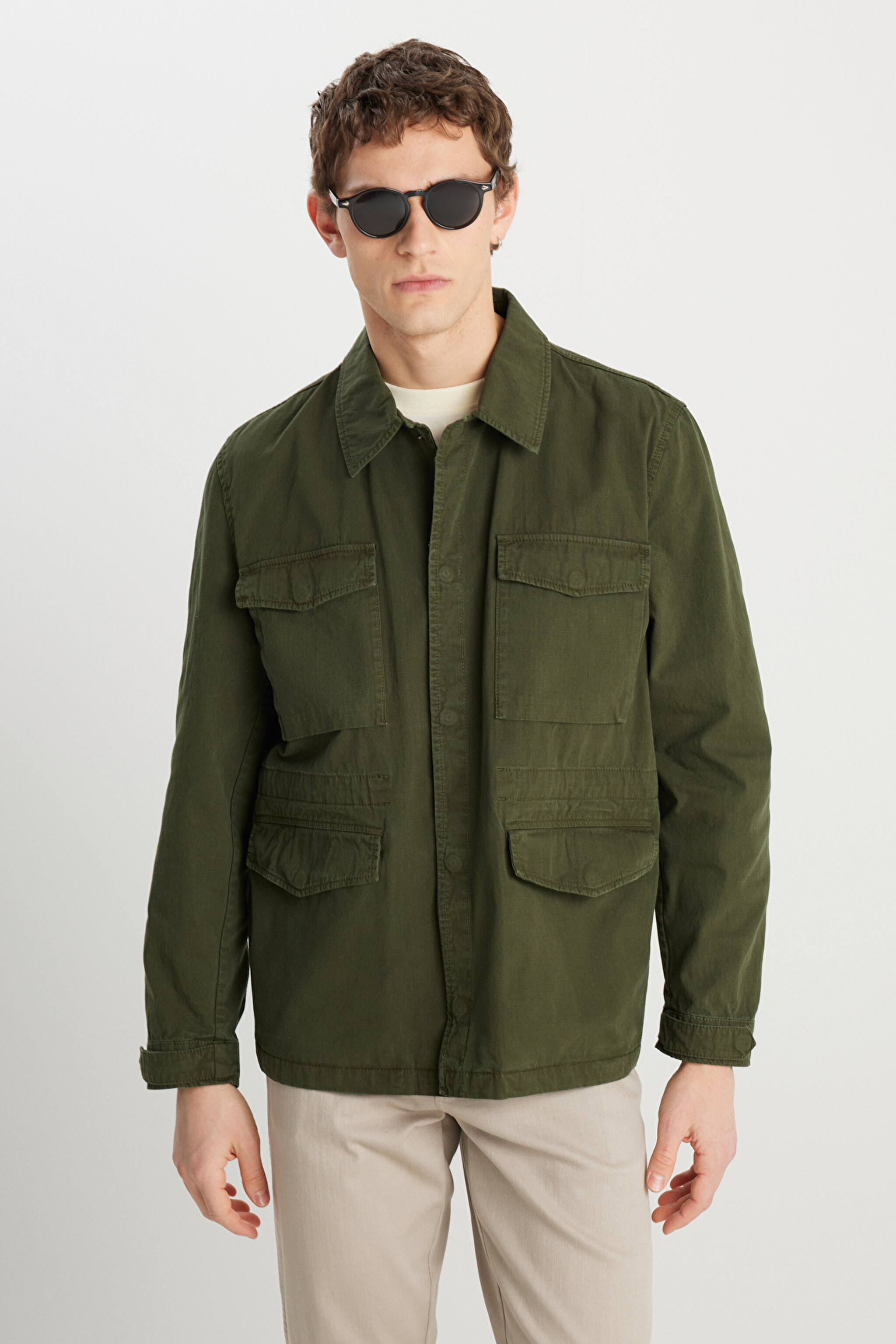 Regular Fit Normal Kesim %100 Pamuk Haki Military Ceket - Khaki-W242780801