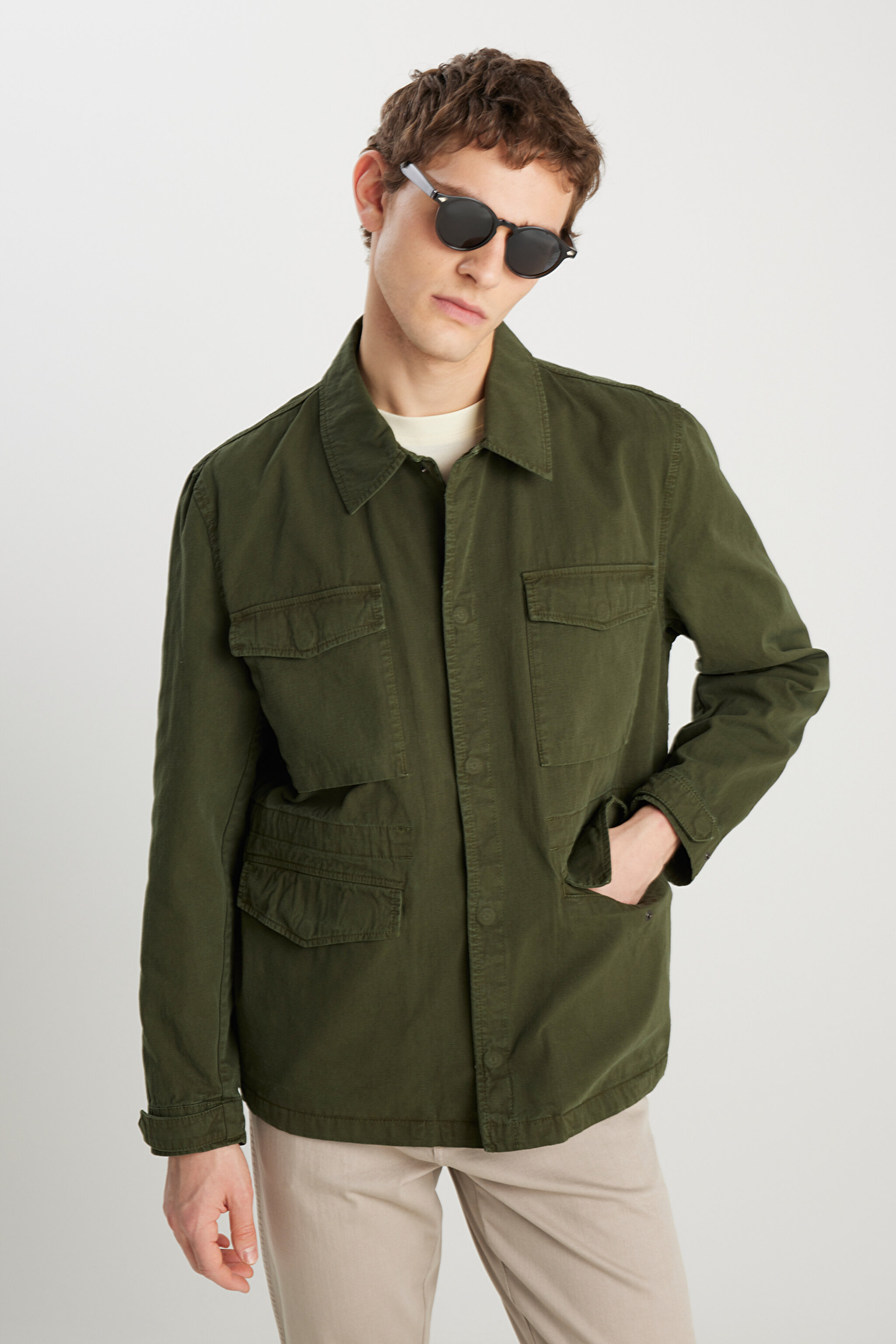 Regular Fit Normal Kesim %100 Pamuk Haki Military Ceket - Khaki-W242780801 (görsel 2)