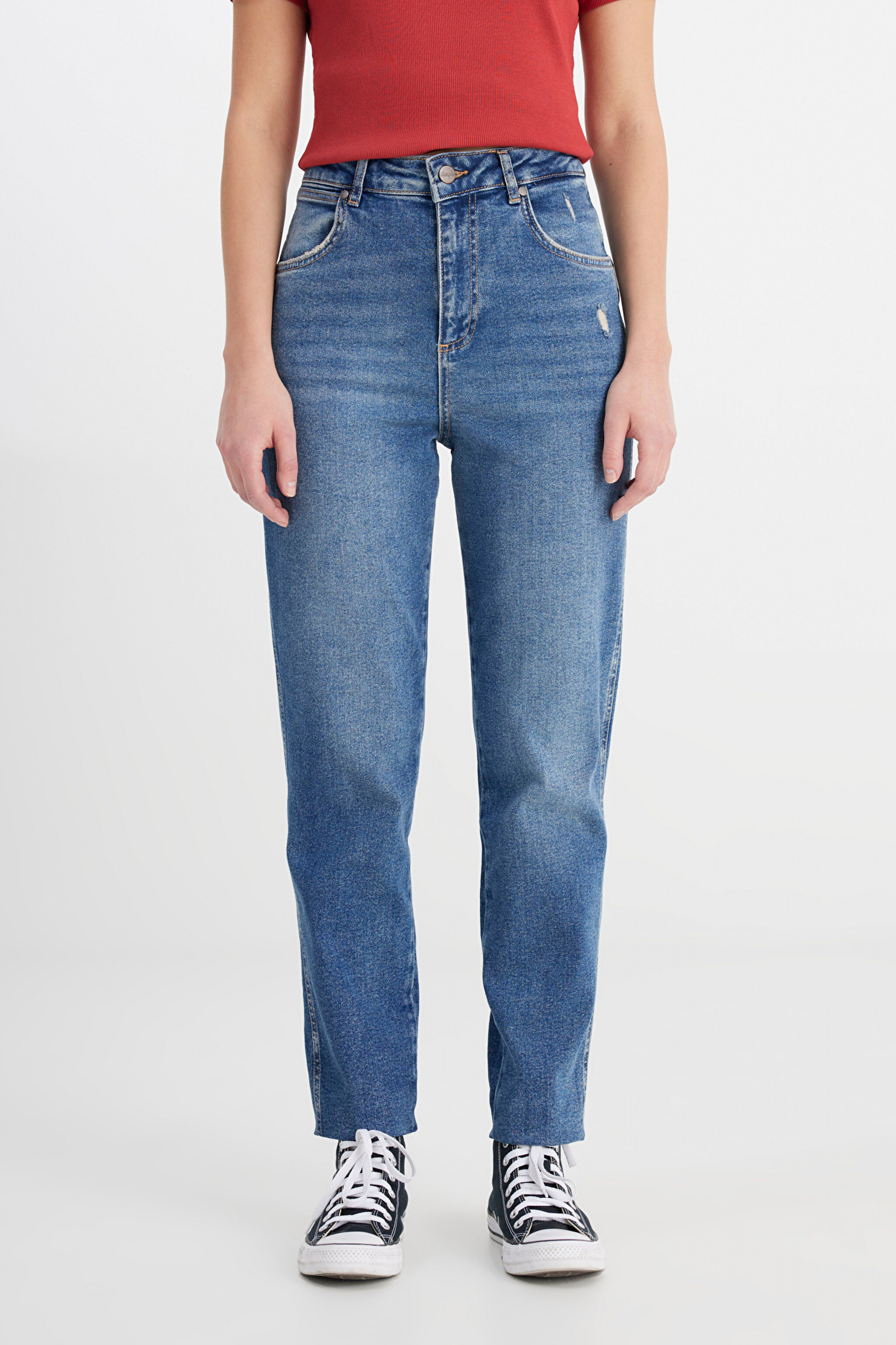 Mom Fit Yüksek Bel Dar Paça Esnek Jean Kot Pantolon - Mid Blue-W246009XT (görsel 5)
