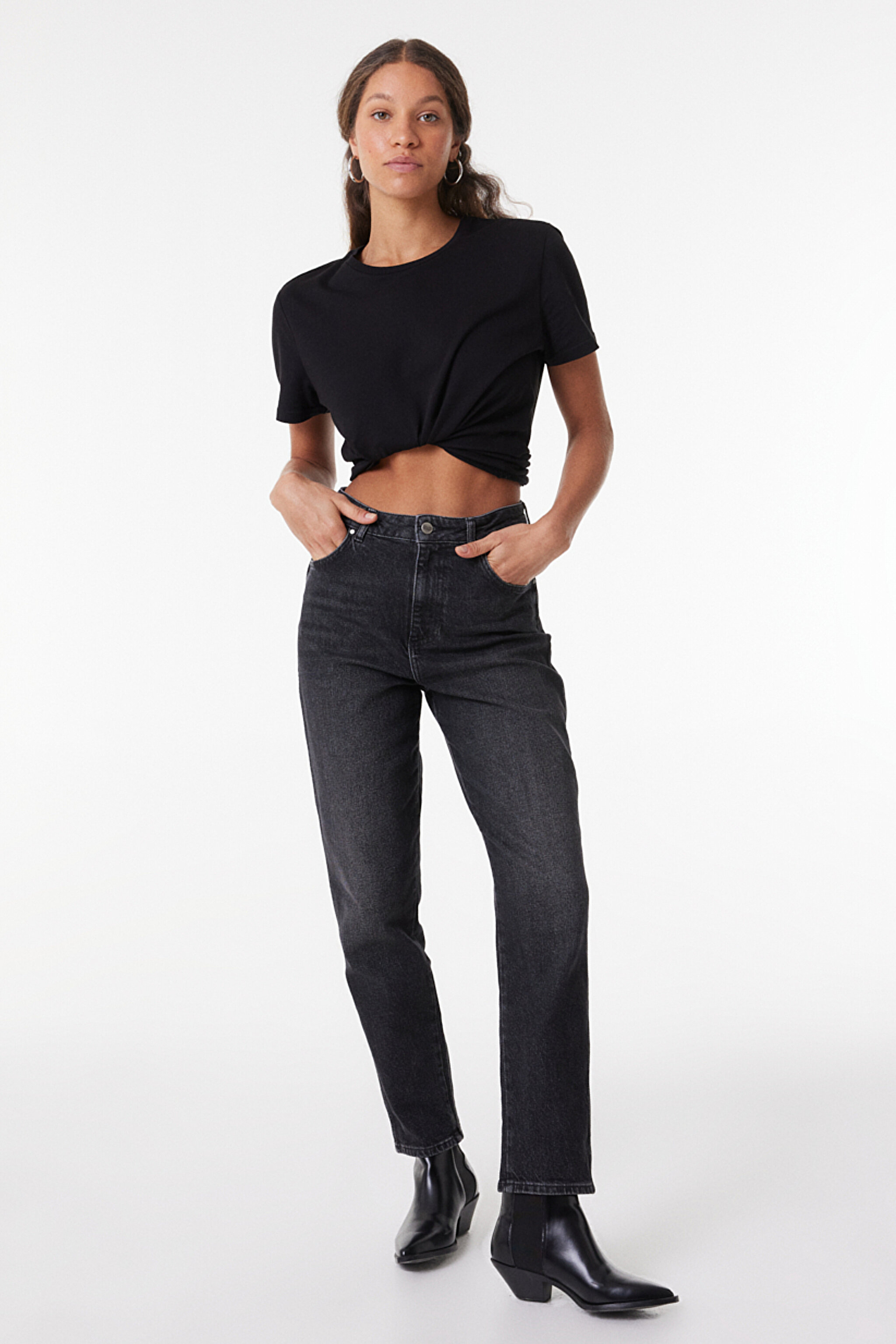 Mom Slim Fit Dar Kesim Yüksek Bel Dar Paça Esnek Jean Kot Pantolon - Stone-W24601758 (görsel 2)