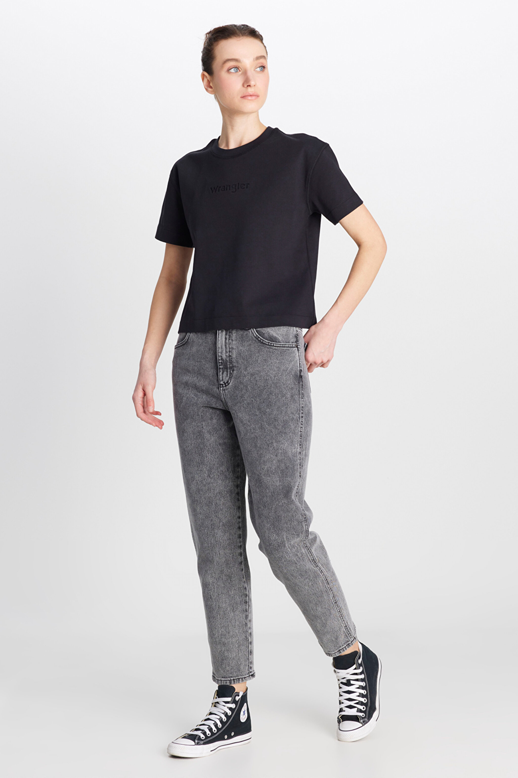Mom Fit Yüksek Bel Dar Paça Açık Gri Pamuklu Esnek Jean Denim Pantolon