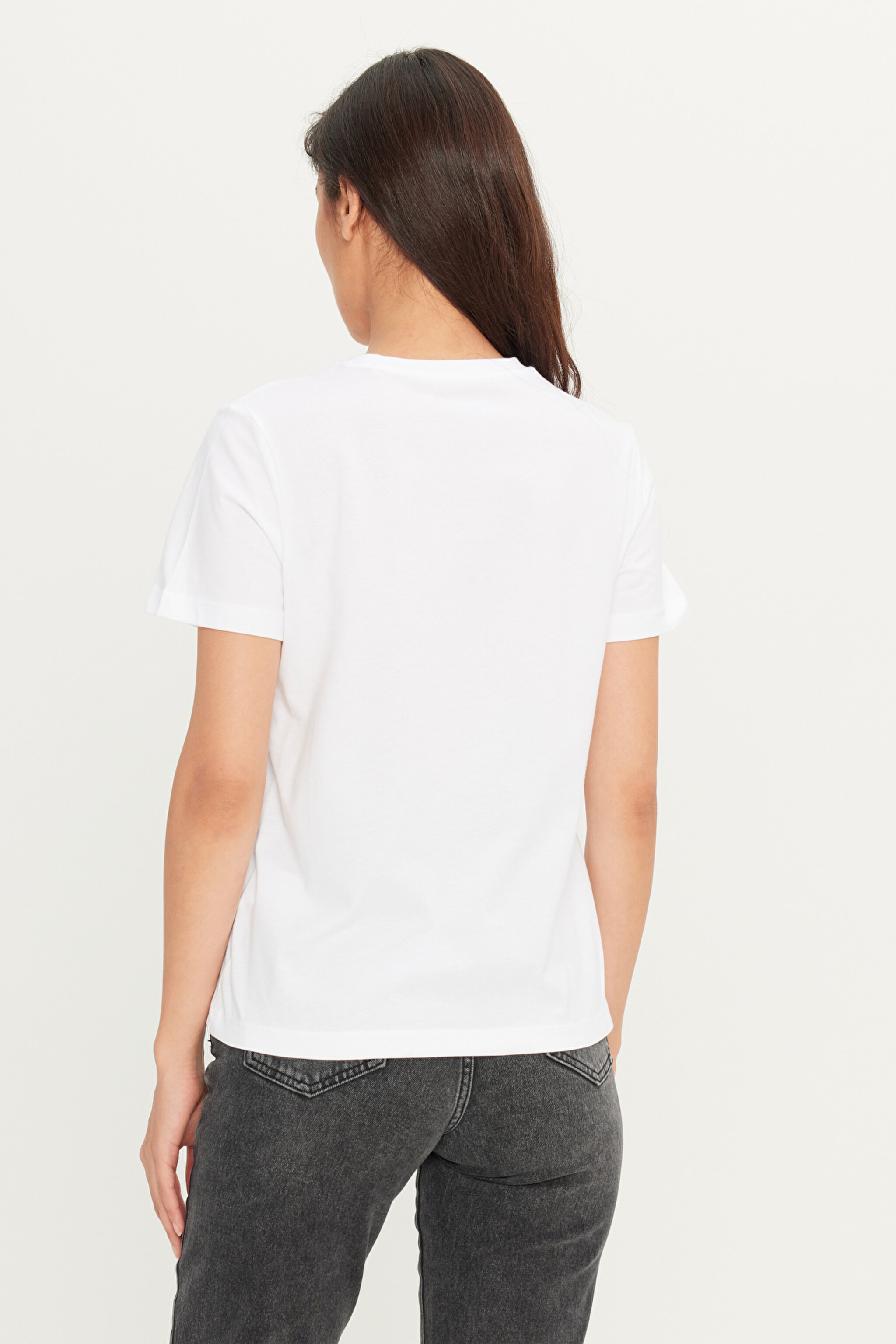 %100 Pamuk Regular Fit Normal Kesim Bisiklet Yaka Ekru Tişört - Off White-W2510176102 (görsel 5)