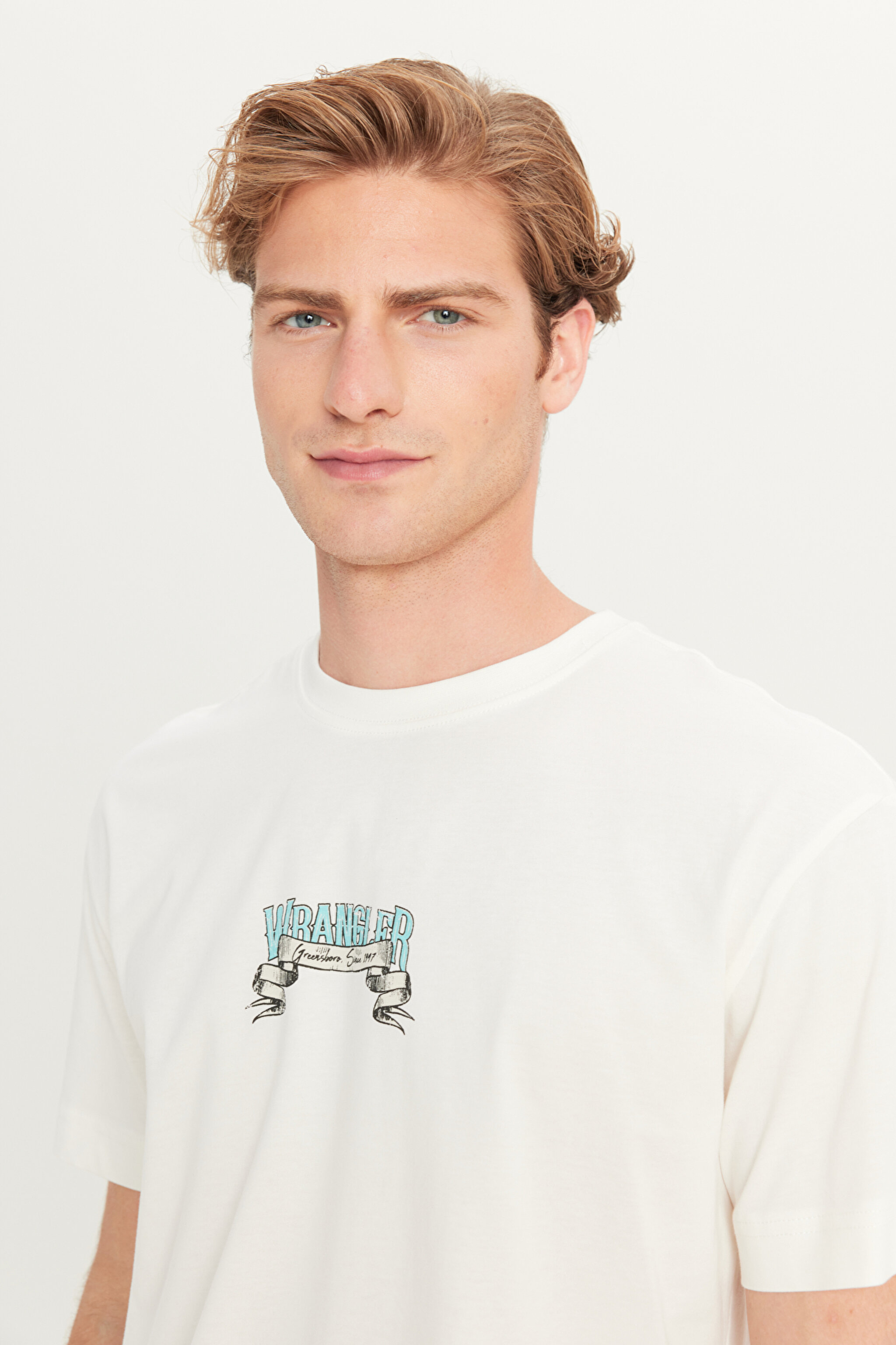 %100 Pamuk Relaxed Fit Geniş Kesim Bisiklet Yaka Kırık Beyaz Big Logo Tişört - Off White-W2510222102 (görsel 5)