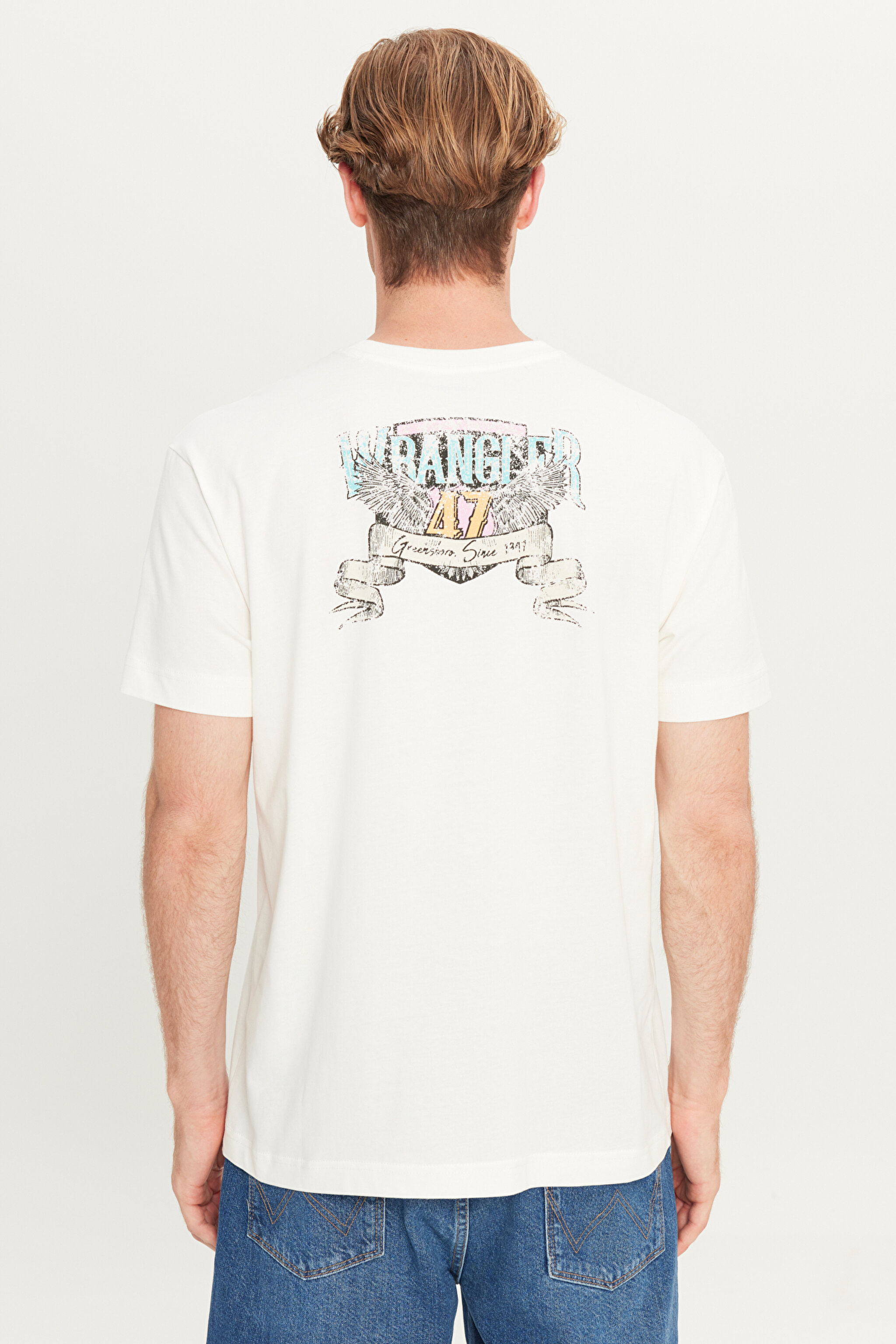 %100 Pamuk Relaxed Fit Geniş Kesim Bisiklet Yaka Kırık Beyaz Big Logo Tişört - Off White-W2510222102 (görsel 6)