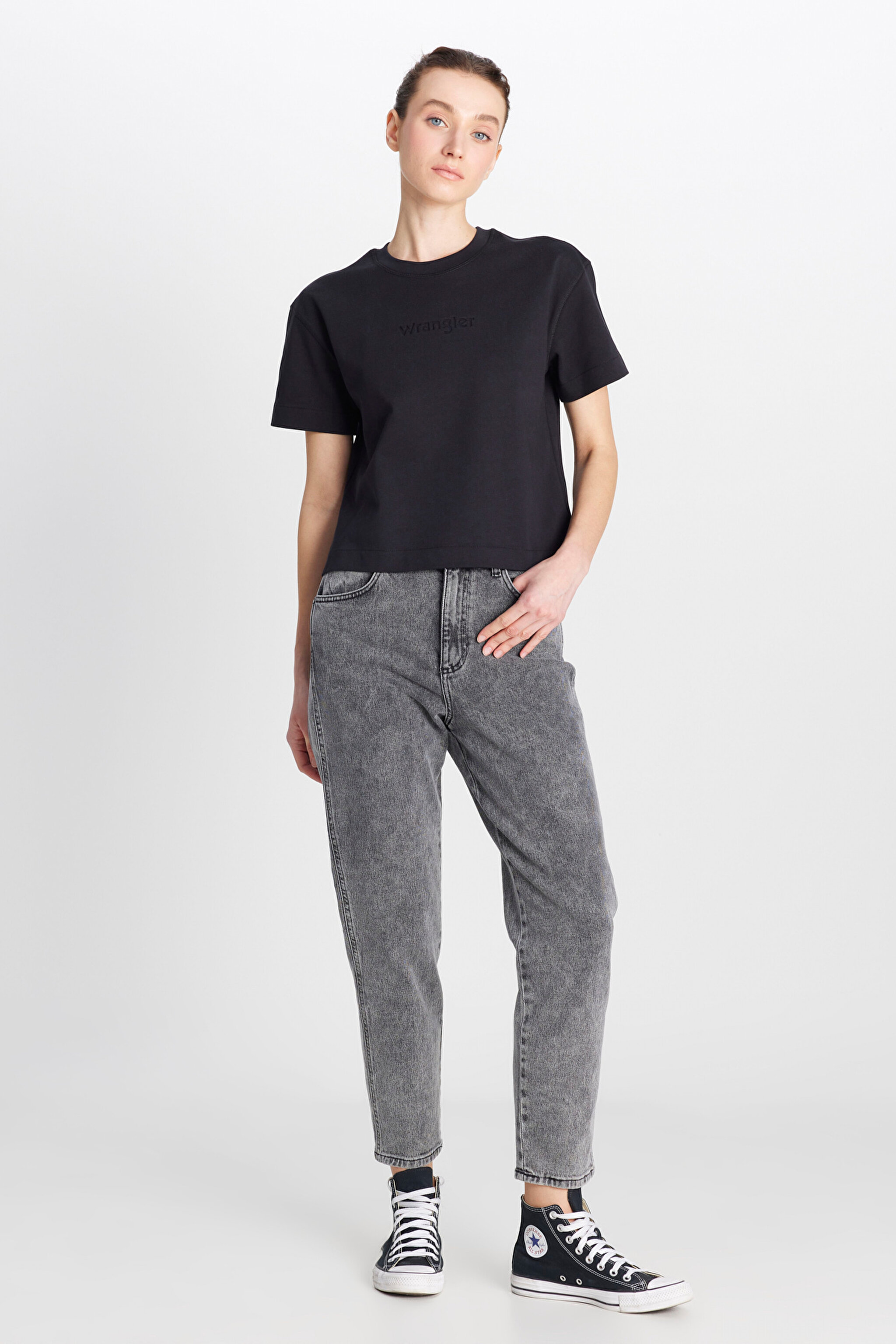 %100 Pamuk Relaxed Fit Geniş Kesim Bisiklet Yaka Siyah Tişört - Black-W2510305001 (görsel 4)