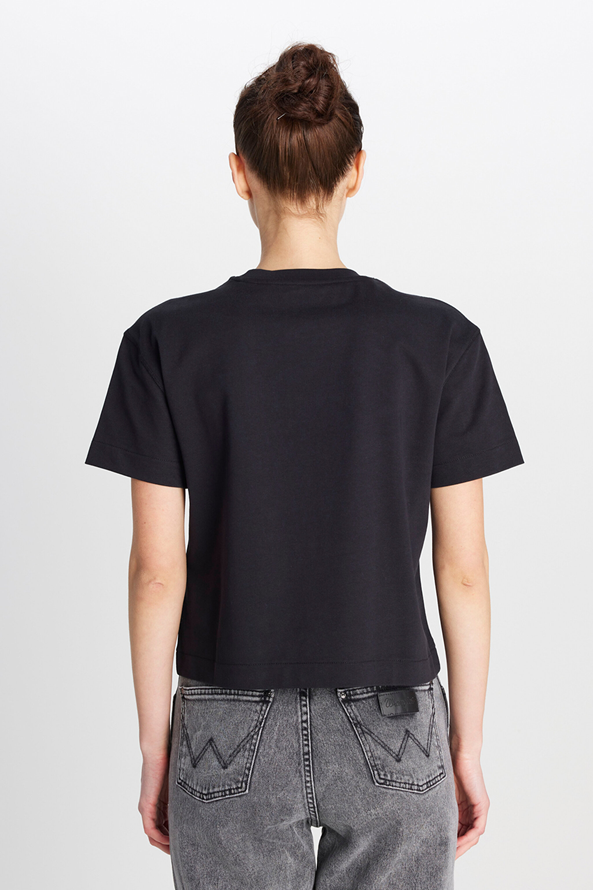 %100 Pamuk Relaxed Fit Geniş Kesim Bisiklet Yaka Siyah Tişört - Black-W2510305001 (görsel 6)