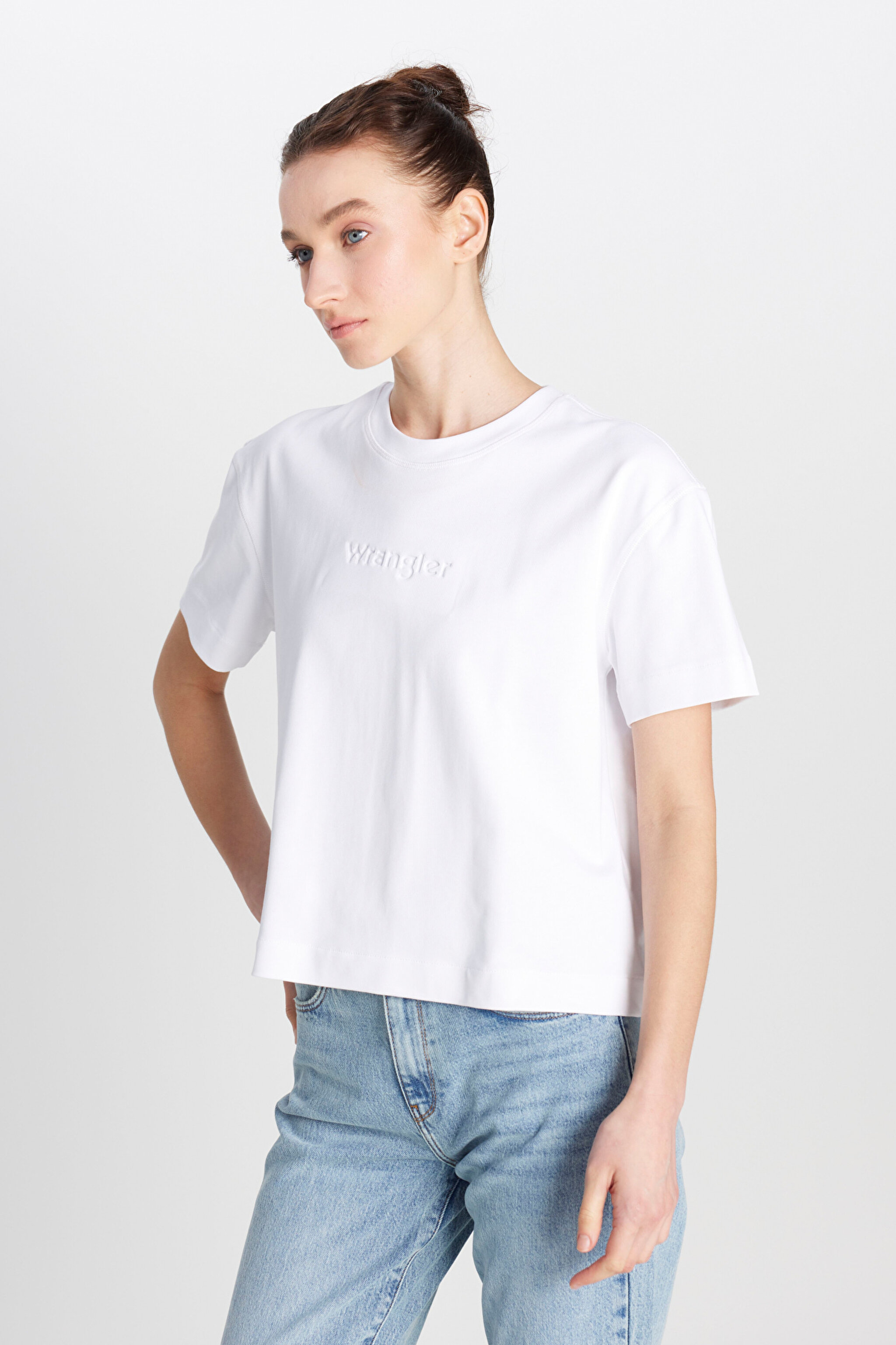%100 Pamuk Relaxed Fit Geniş Kesim Bisiklet Yaka Ekru Tişört - Off White-W2510305102 (görsel 2)