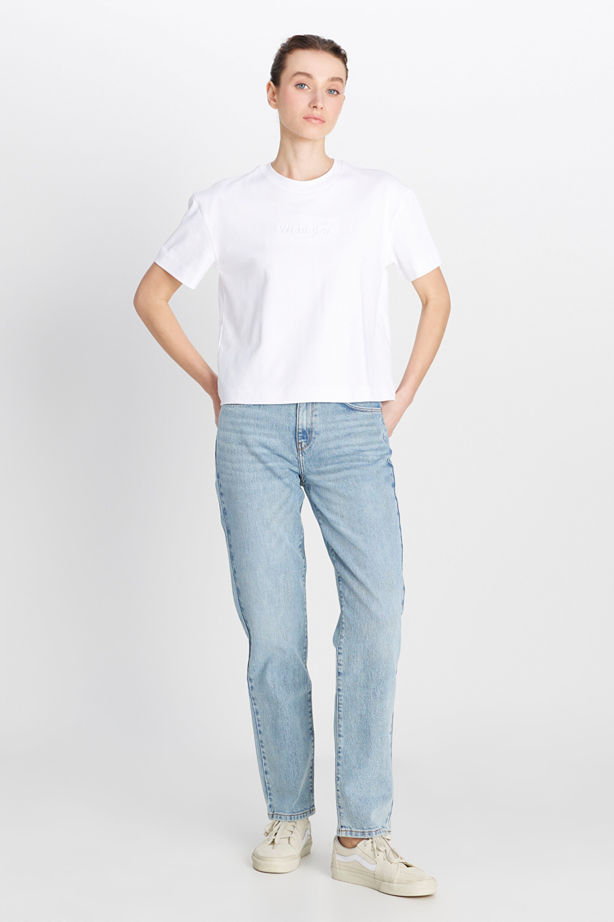 %100 Pamuk Relaxed Fit Geniş Kesim Bisiklet Yaka Ekru Tişört - Off White-W2510305102 (görsel 3)