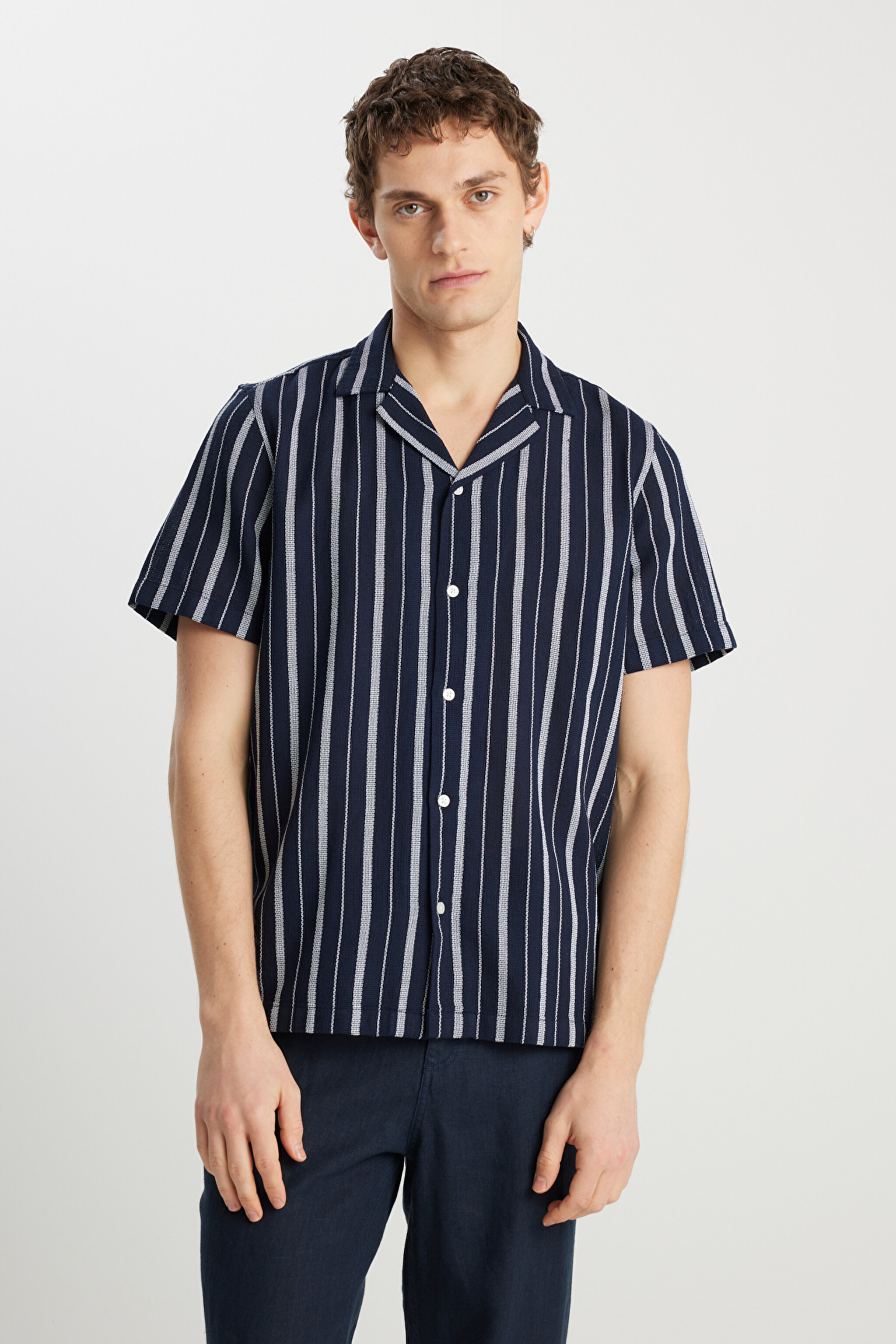 %100 Pamuk Relaxed Fit Geniş Kesim Lacivert Gömlek - Navy-W2510452410