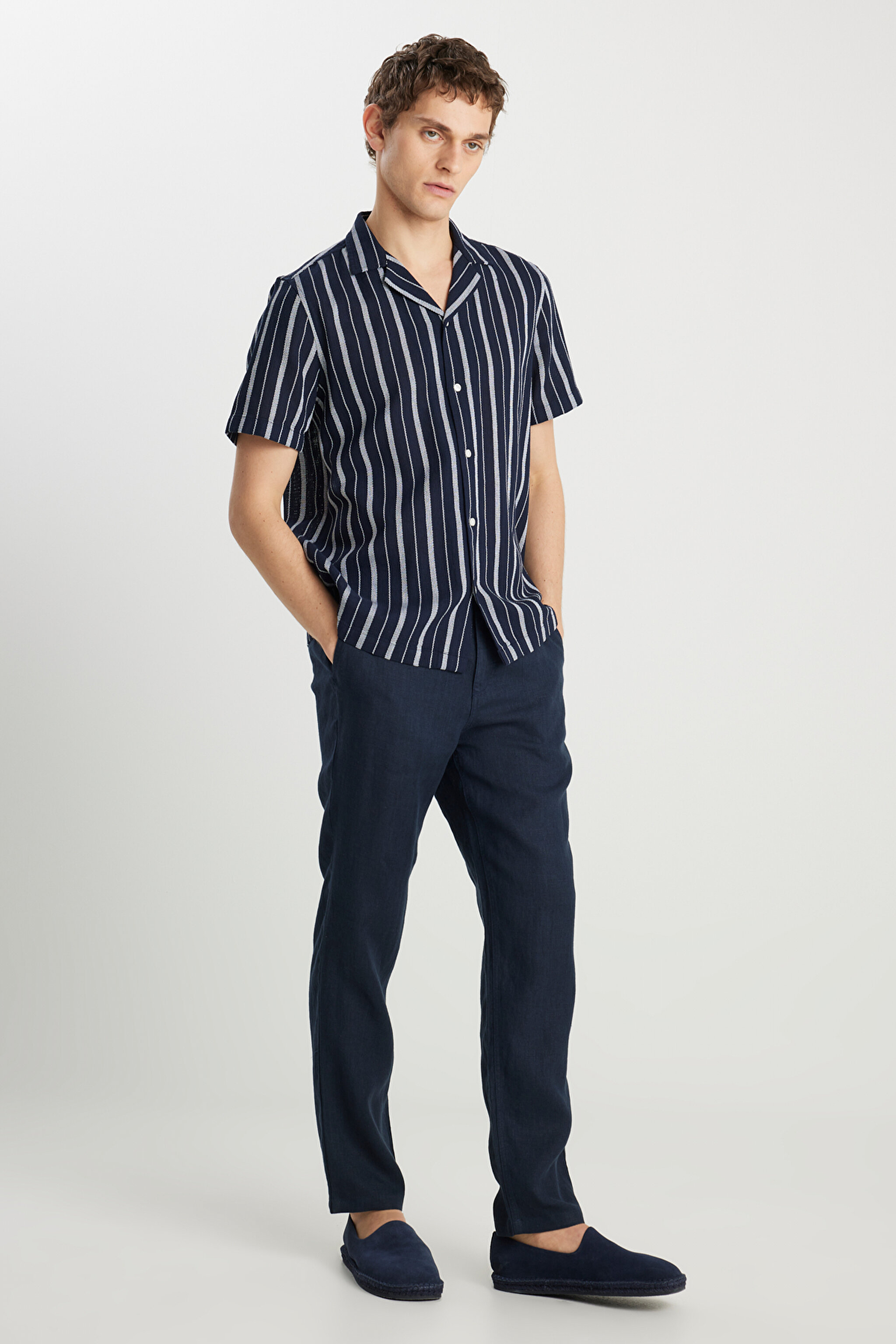 %100 Pamuk Relaxed Fit Geniş Kesim Lacivert Gömlek - Navy-W2510452410 (görsel 4)