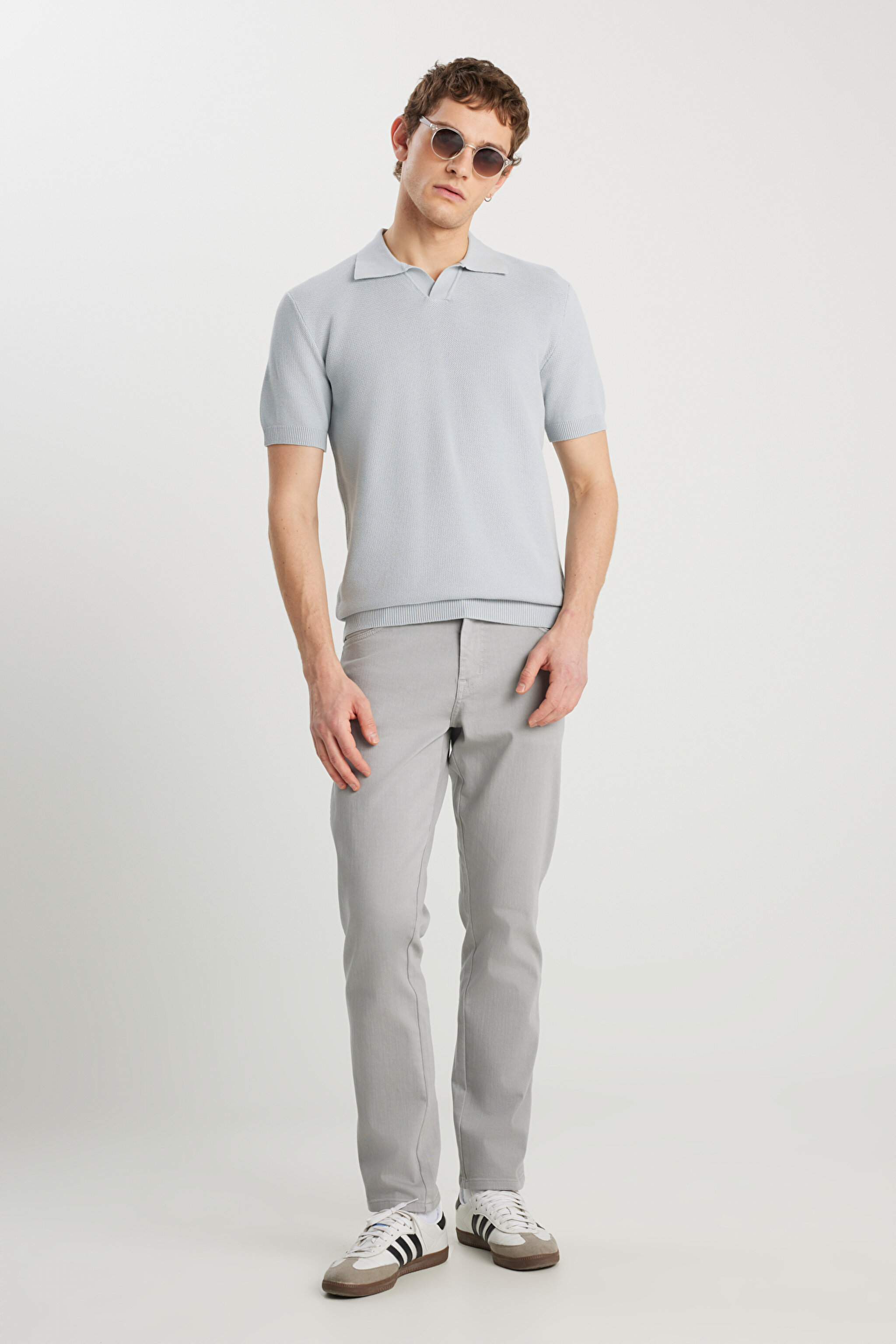Relaxed Fit Geniş Kesim Açık Gri Polo Yaka Tişört - Light Gray-W2510455032 (görsel 3)