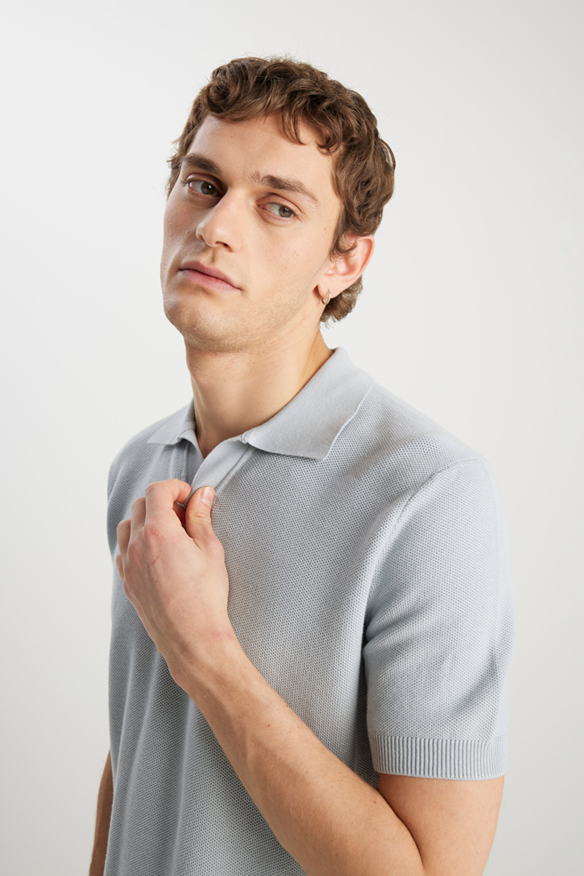 Relaxed Fit Geniş Kesim Açık Gri Polo Yaka Tişört - Light Gray-W2510455032 (görsel 4)
