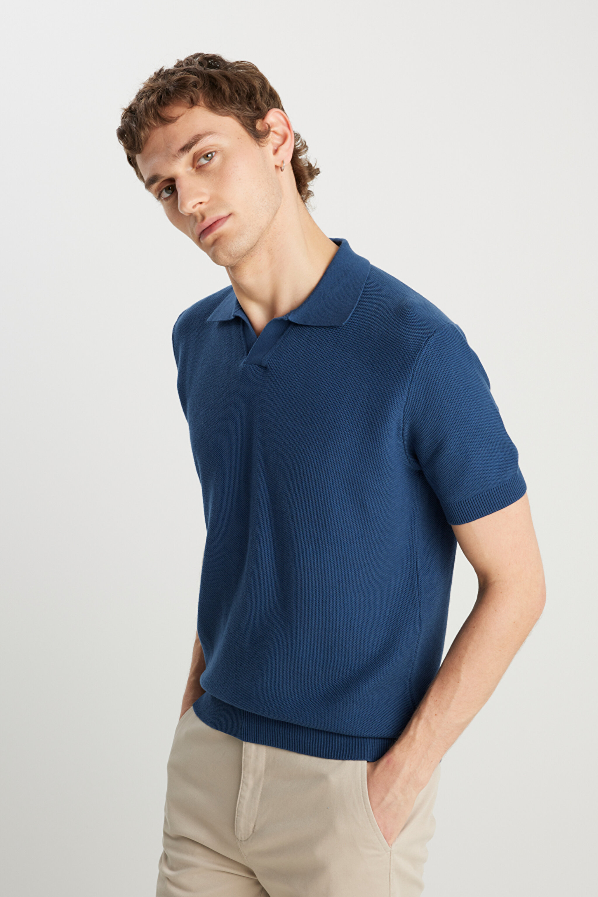 Relaxed Fit Geniş Kesim Koyu Mavi Polo Yaka Tişört