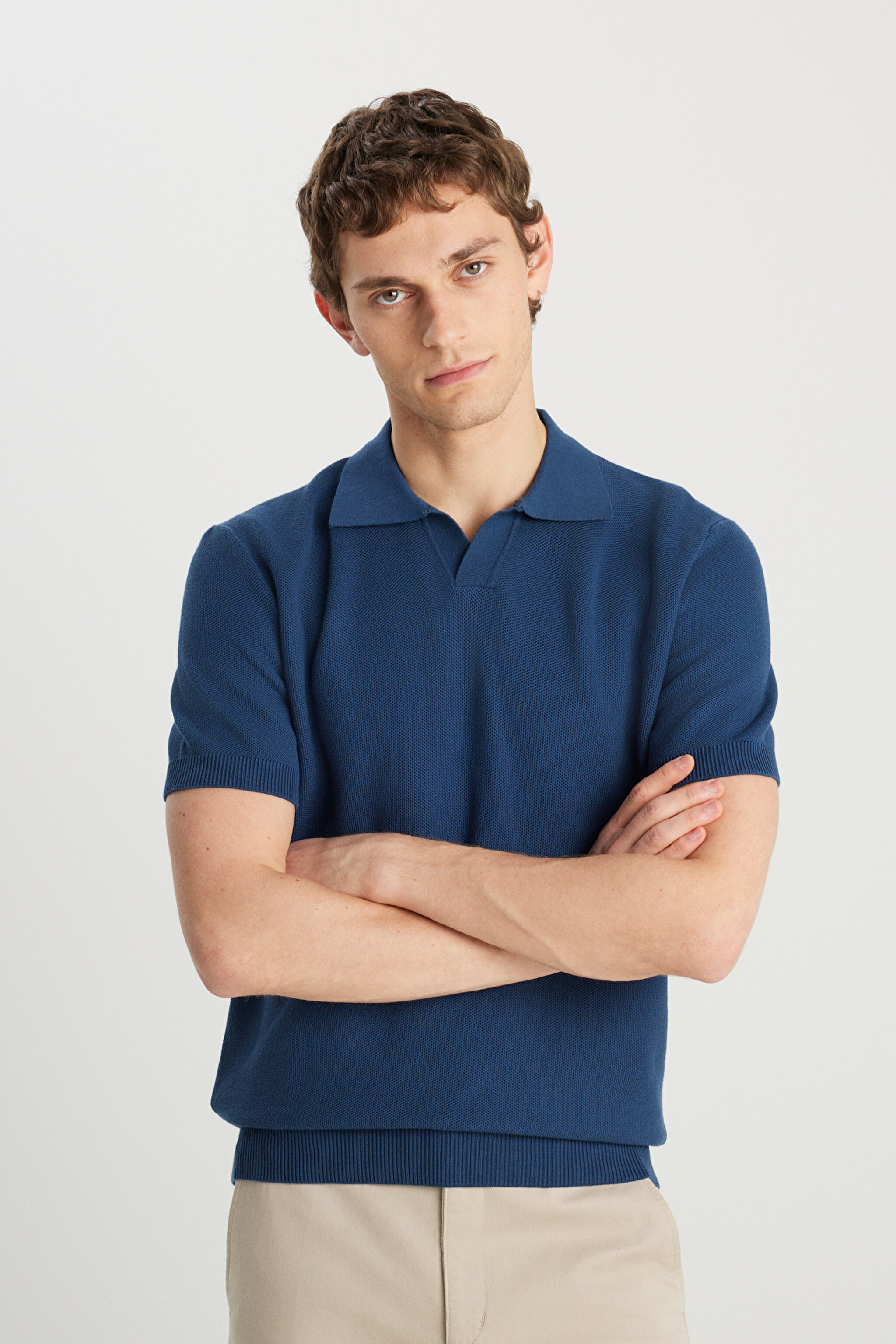 Relaxed Fit Geniş Kesim Koyu Mavi Polo Yaka Tişört - İndigo-W2510455TF (görsel 2)