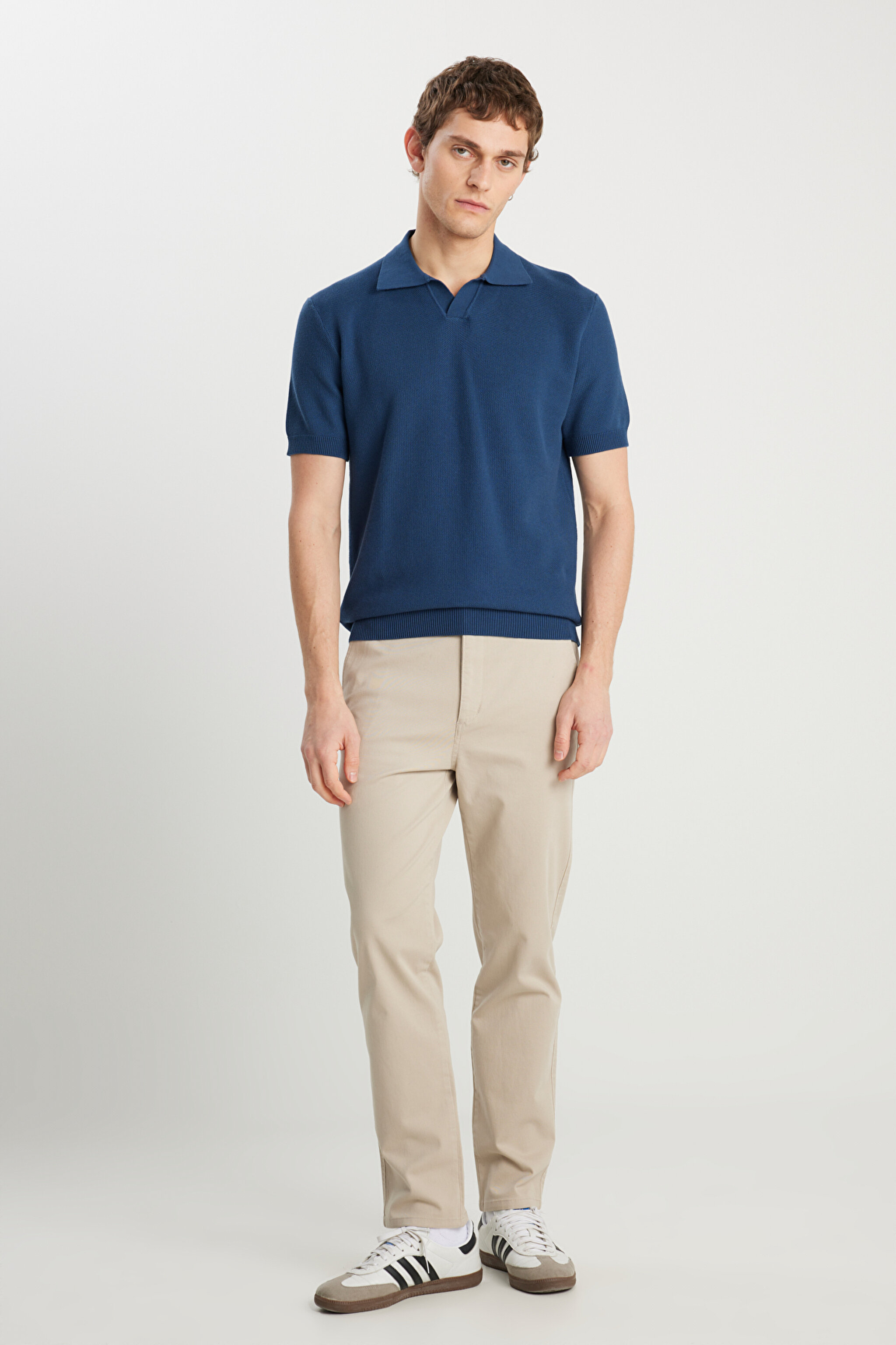 Relaxed Fit Geniş Kesim Koyu Mavi Polo Yaka Tişört - İndigo-W2510455TF (görsel 3)
