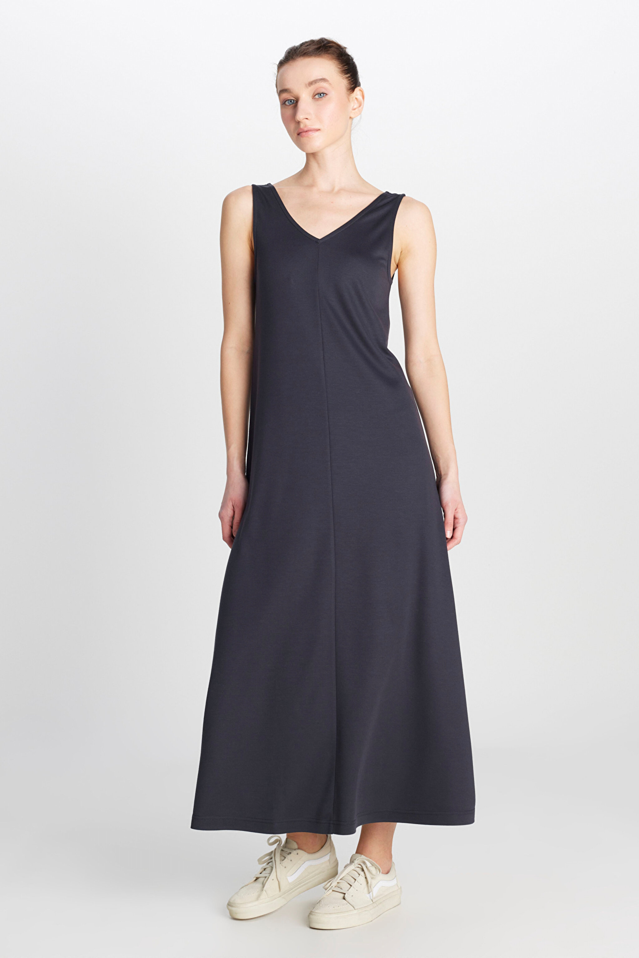 Regular Fit Normal Kesim V Yaka Siyah Midi Elbise - Black-W2510462001 (görsel 3)