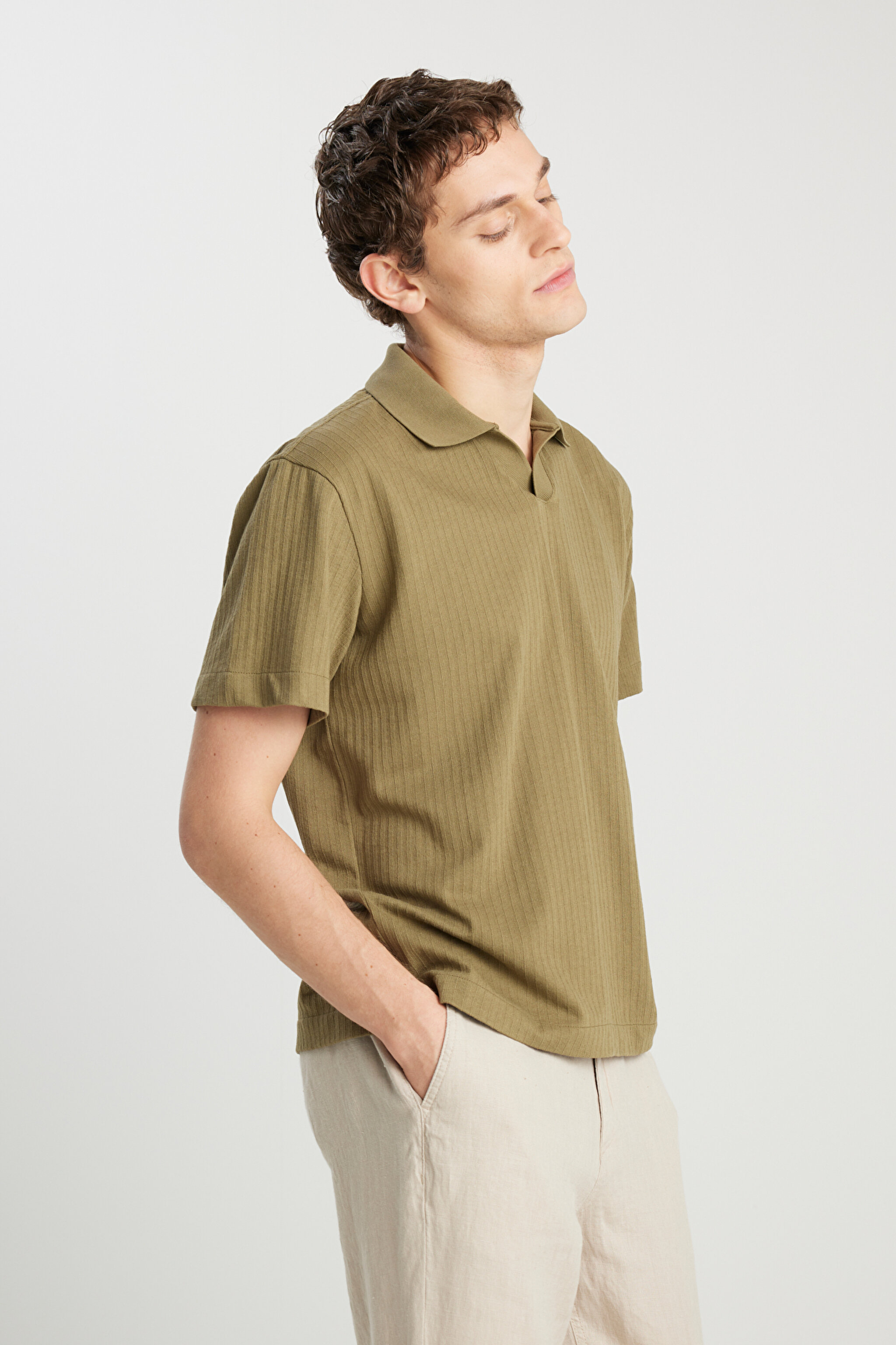 Relaxed Fit Geniş Kesim Haki Polo Tişört