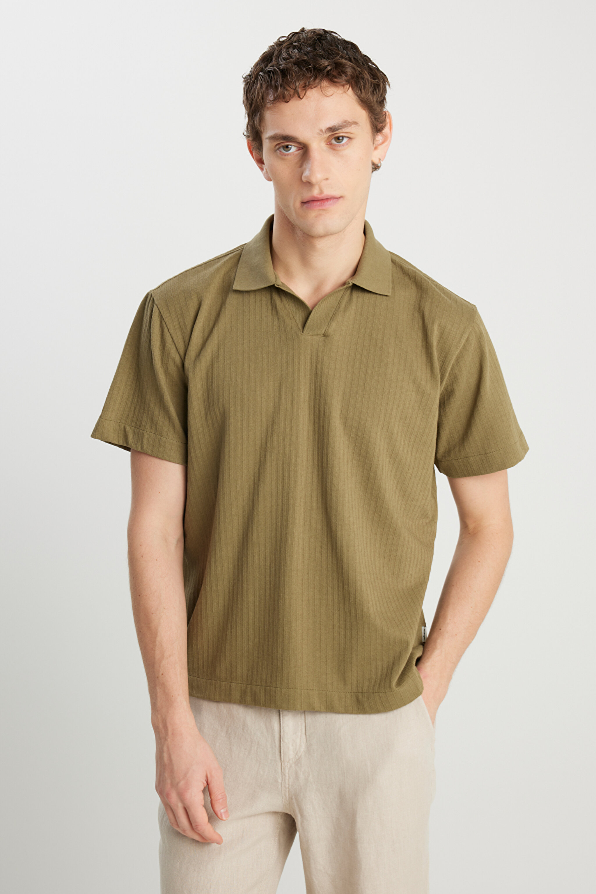 Relaxed Fit Geniş Kesim Haki Polo Tişört - Khaki-W2510464801 (görsel 2)