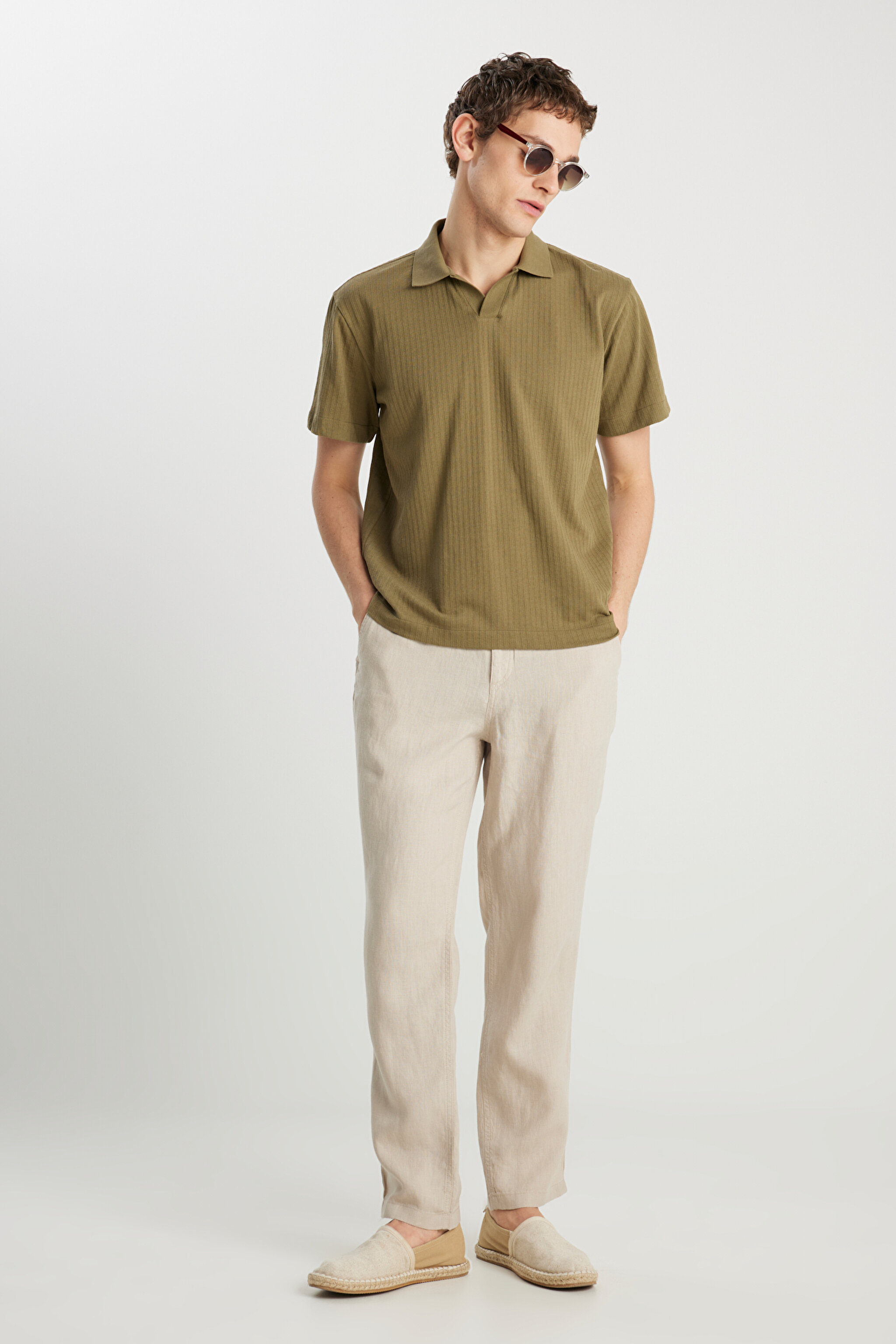 Relaxed Fit Geniş Kesim Haki Polo Tişört - Khaki-W2510464801 (görsel 3)