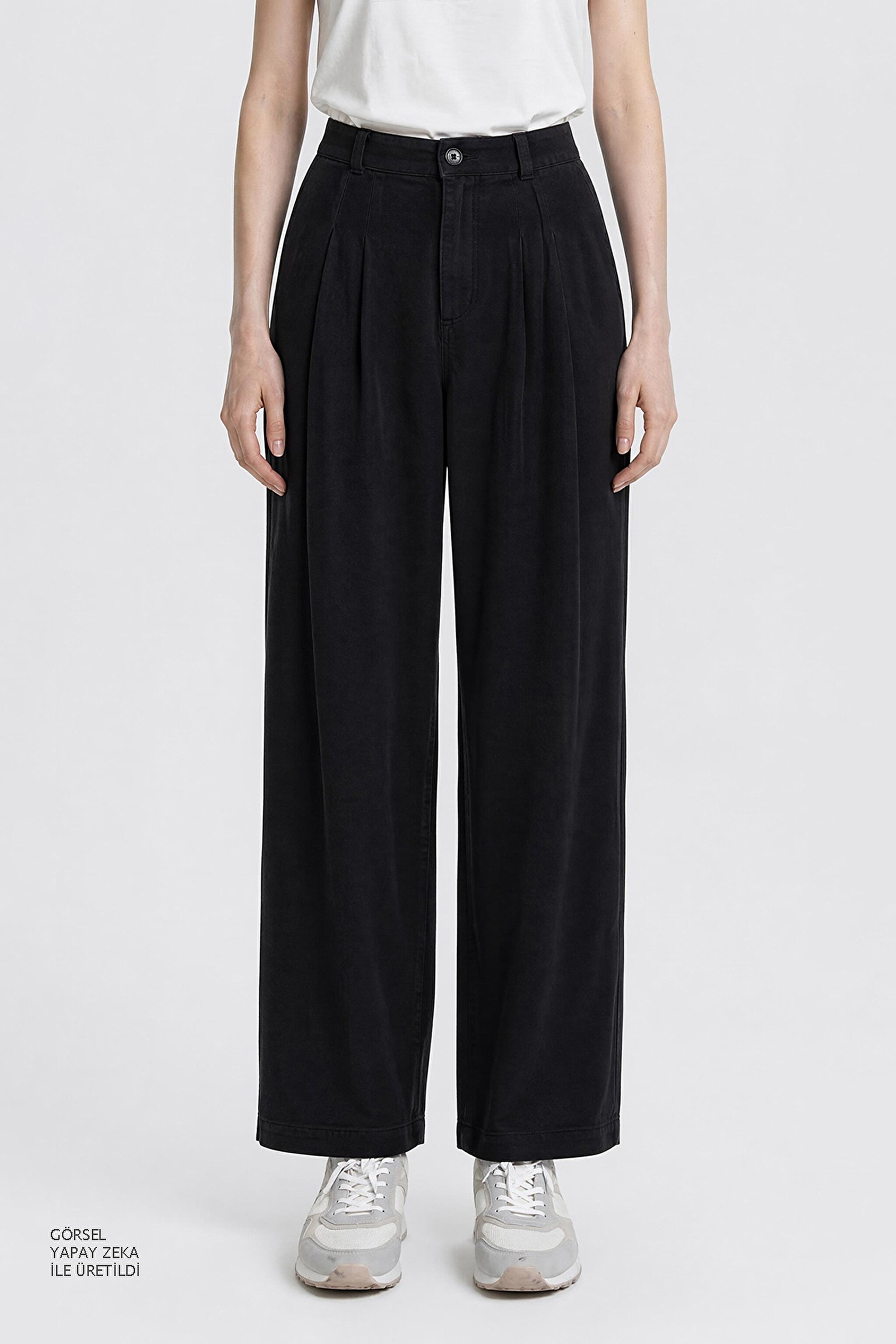 Relaxed Fit Yüksek Bel Geniş Paça Yumuşak Dokulu Siyah Pantolon - Black-W2510473001 (görsel 4)