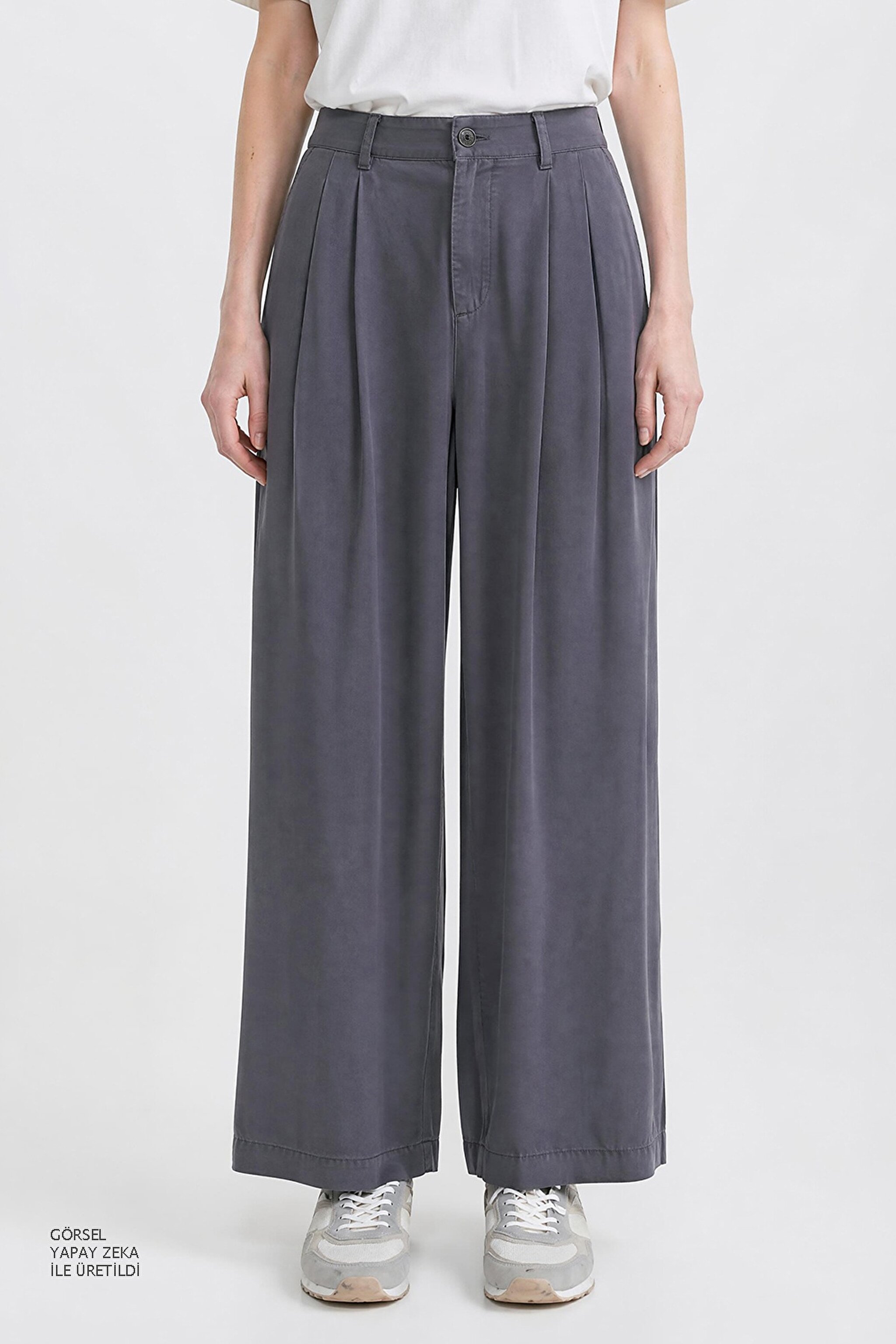 Relaxed Fit Yüksek Bel Geniş Paça Yumuşak Dokulu Siyah Pantolon - Gray-W2510473035 (görsel 4)