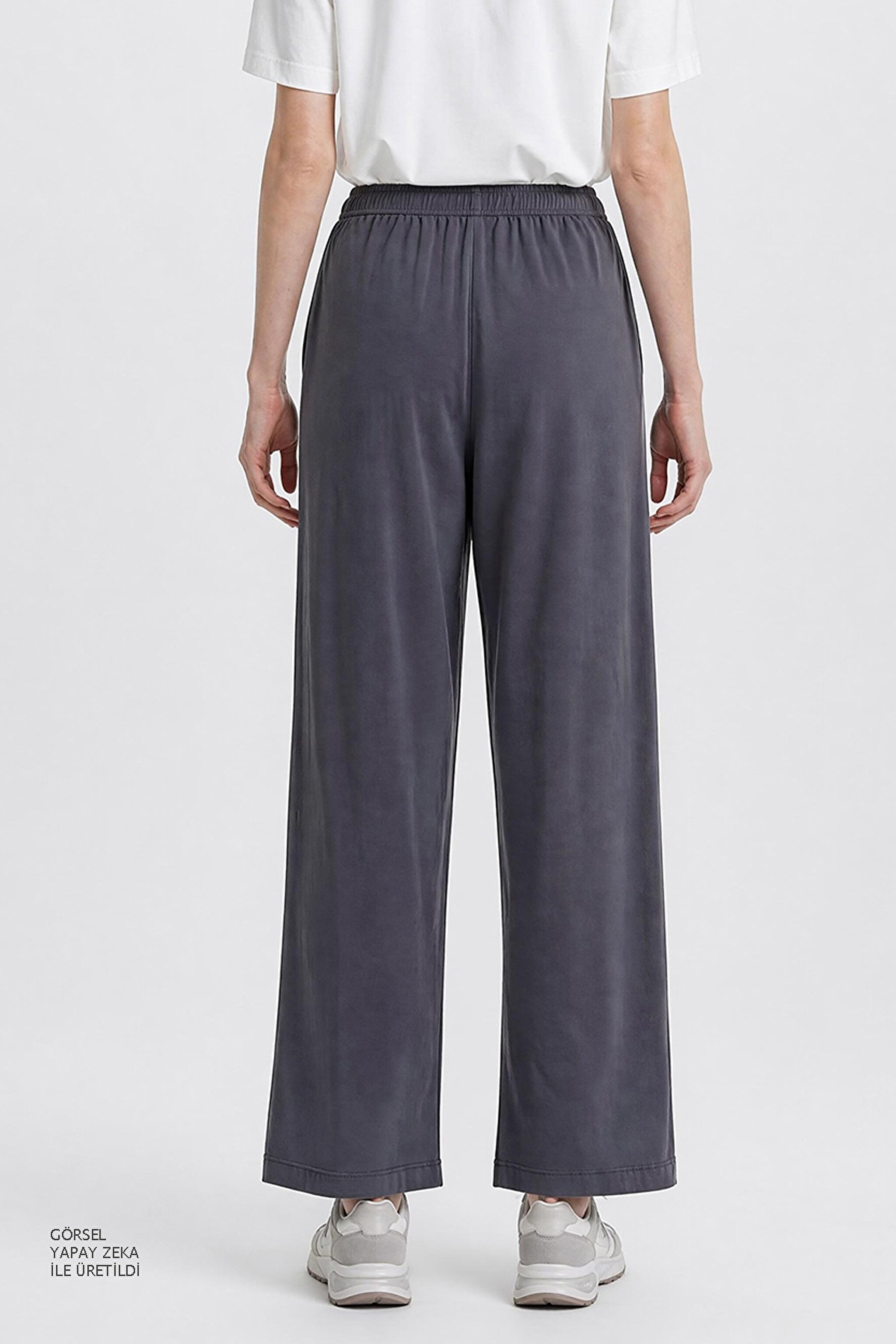 Relaxed Fit Yüksek Bel Geniş Paça Yumuşak Dokulu Siyah Pantolon - Gray-W2510473035 (görsel 5)
