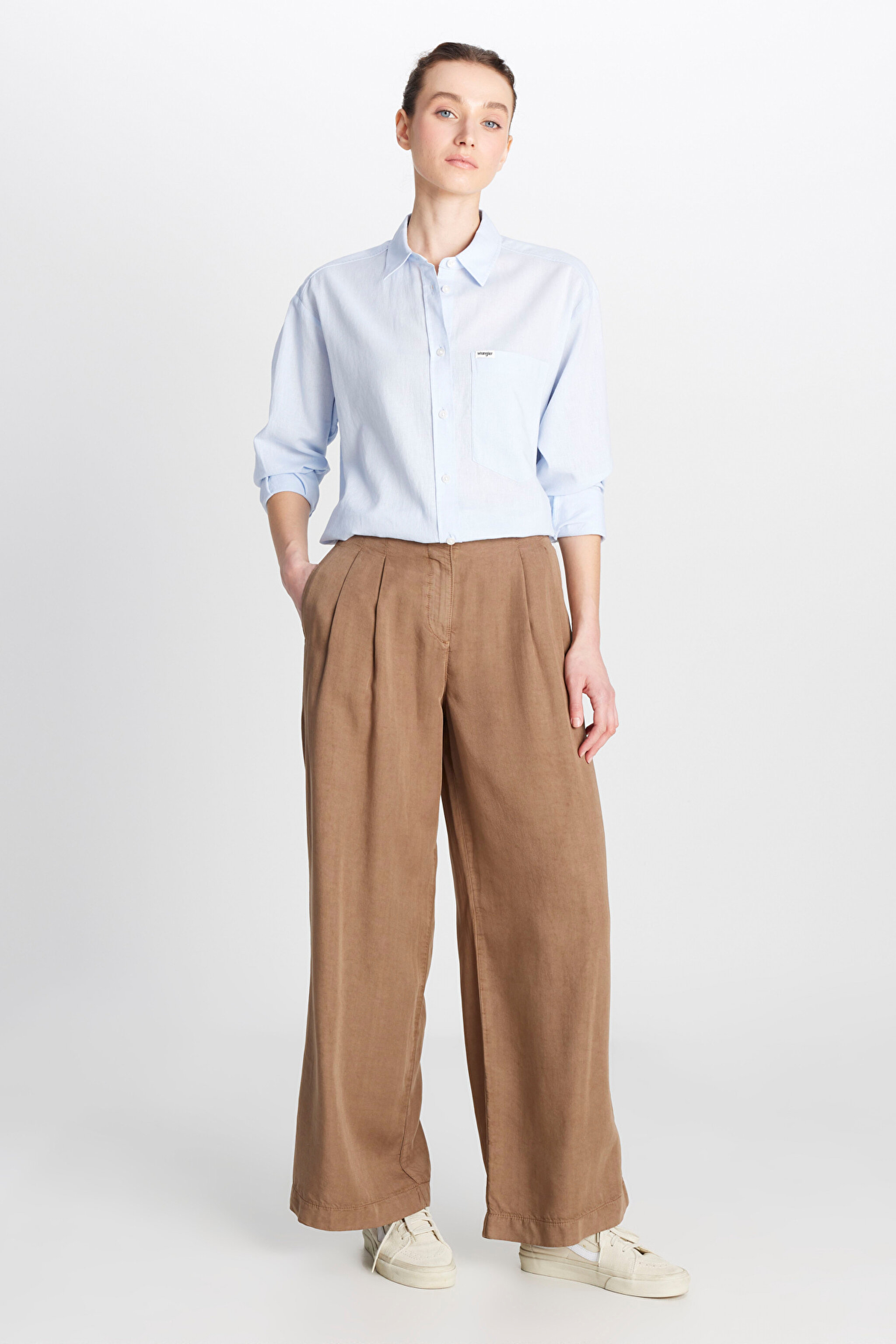 Relaxed Fit Geniş Kesim Yüksek Bel Geniş Paça Yumuşak Dokulu Deve Tüyü Pantolon
