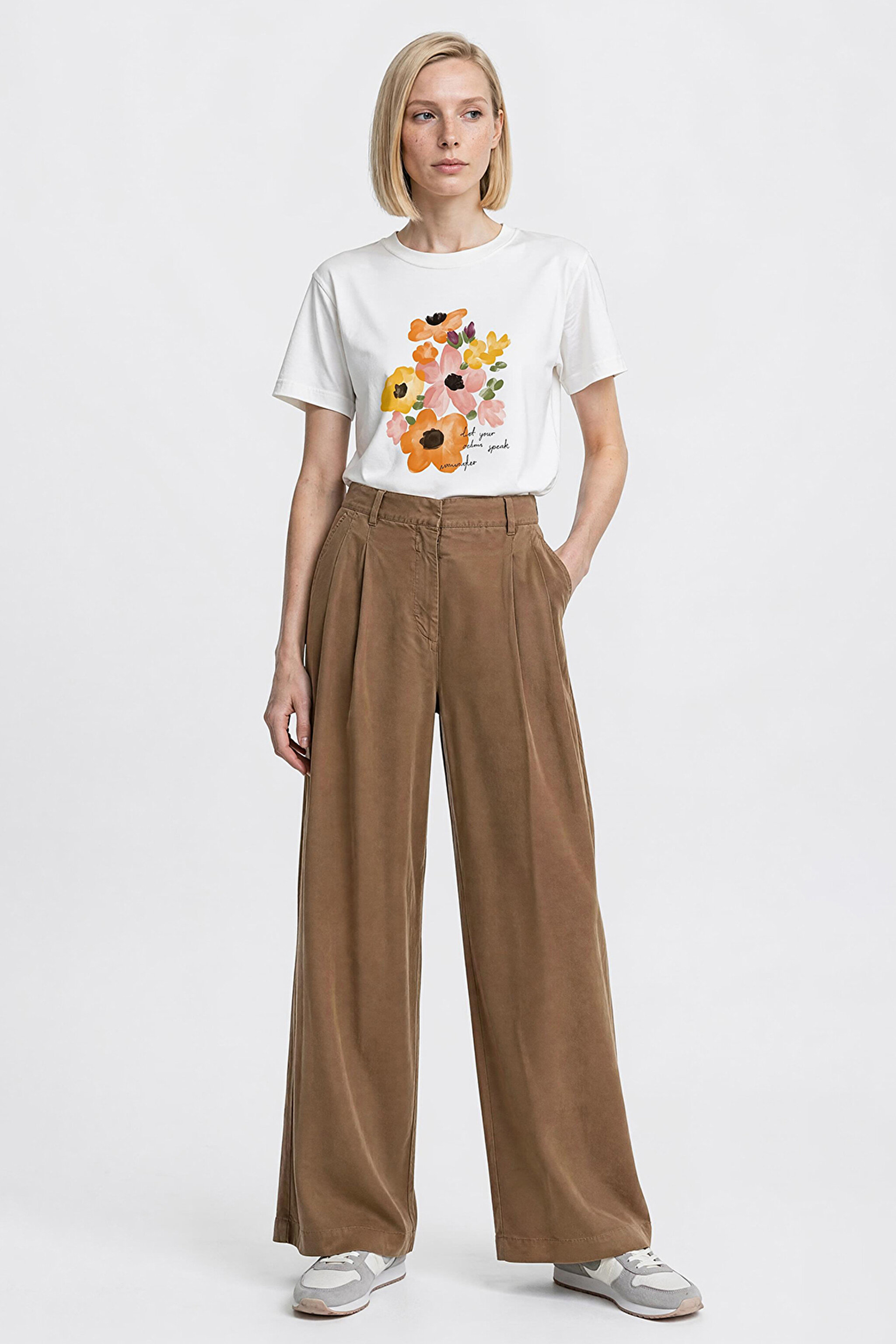 Relaxed Fit Geniş Kesim Yüksek Bel Geniş Paça Yumuşak Dokulu Deve Tüyü Pantolon - Camel-W2510473211 (görsel 3)