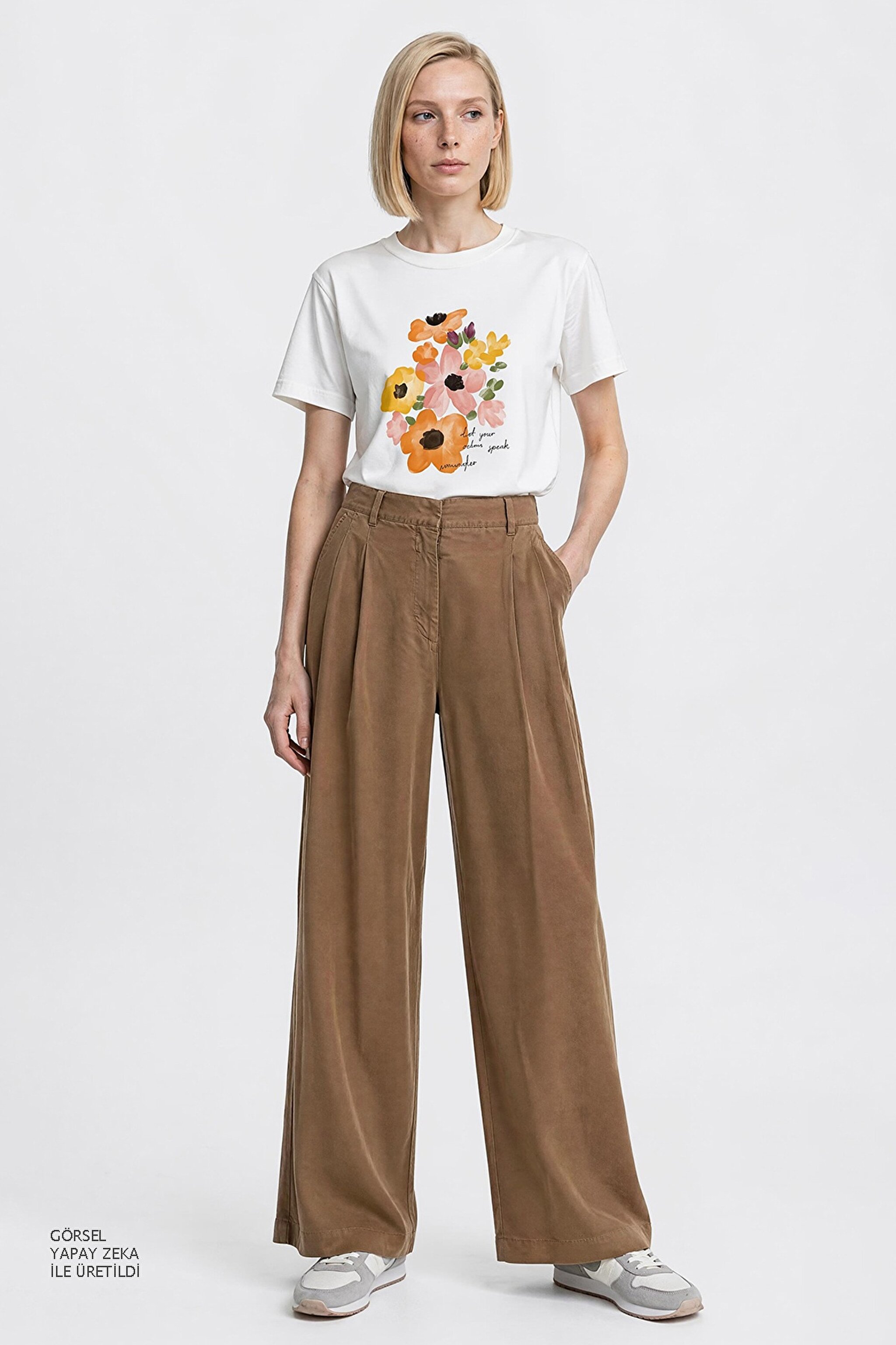 Relaxed Fit Geniş Kesim Yüksek Bel Geniş Paça Yumuşak Dokulu Deve Tüyü Pantolon - Camel-W2510473211 (görsel 2)