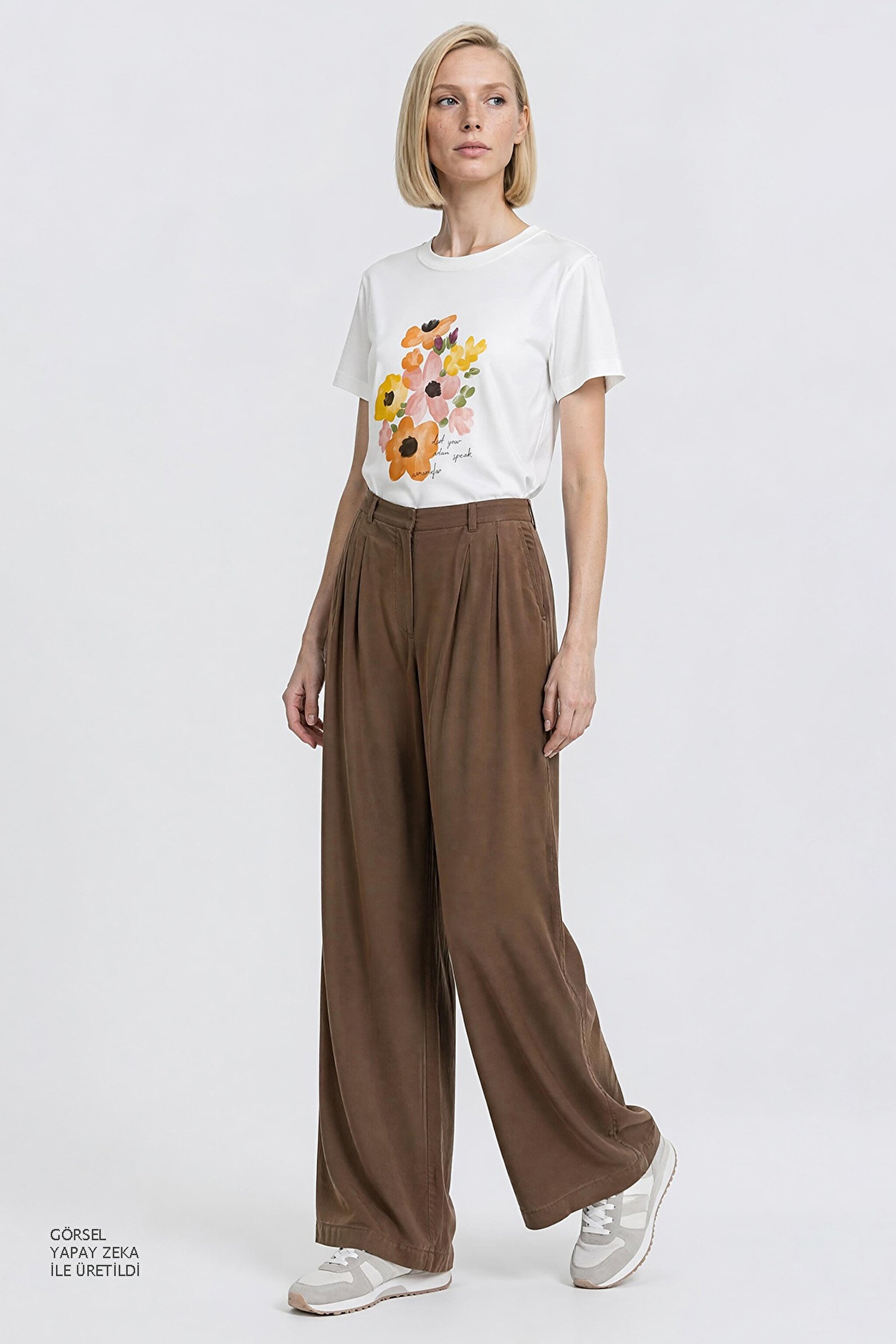 Relaxed Fit Geniş Kesim Yüksek Bel Geniş Paça Yumuşak Dokulu Deve Tüyü Pantolon - Camel-W2510473211 (görsel 3)