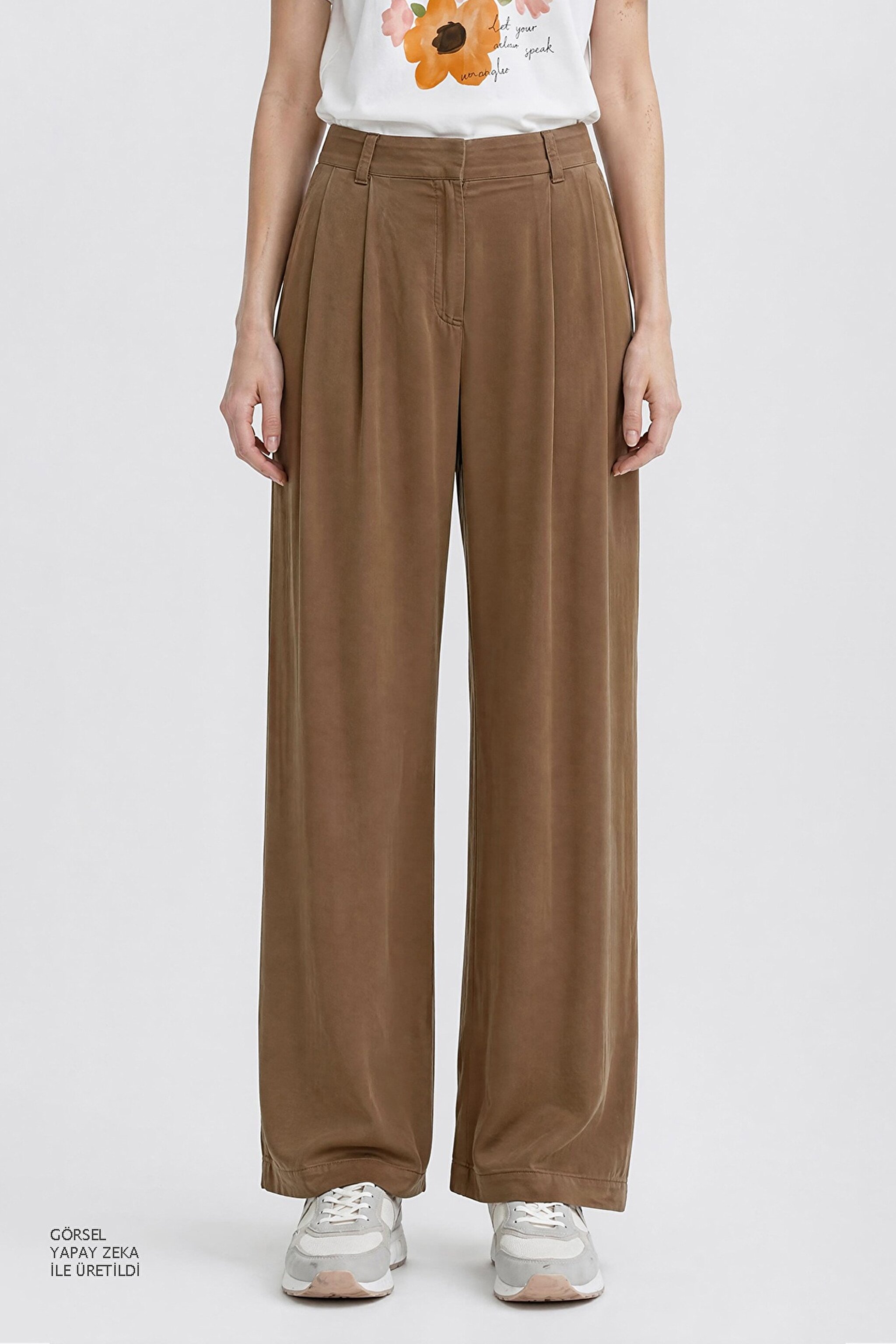 Relaxed Fit Geniş Kesim Yüksek Bel Geniş Paça Yumuşak Dokulu Deve Tüyü Pantolon - Camel-W2510473211 (görsel 4)