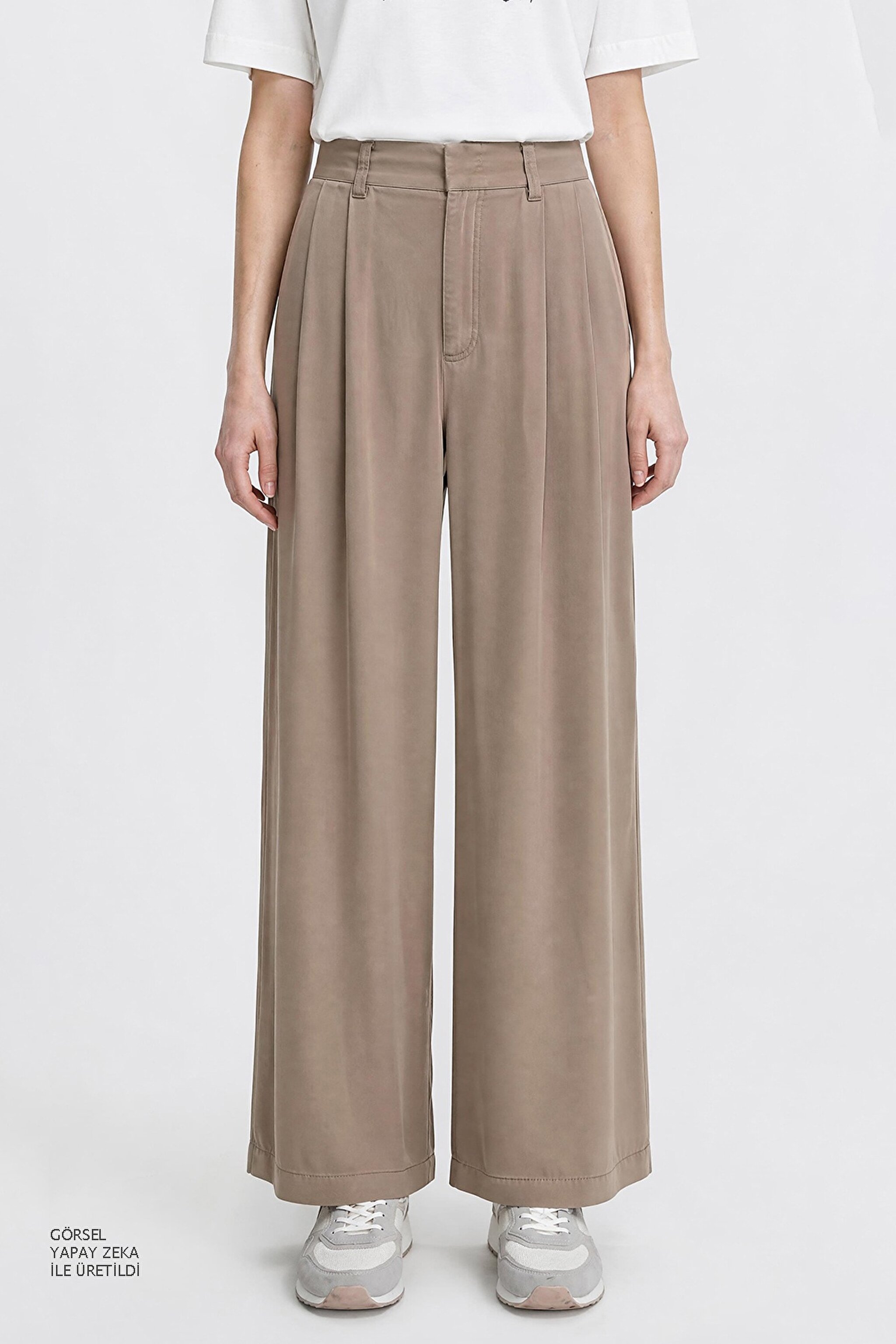 Relaxed Fit Yüksek Bel Geniş Paça Yumuşak Dokulu Siyah Pantolon - Beige-W2510473614 (görsel 4)