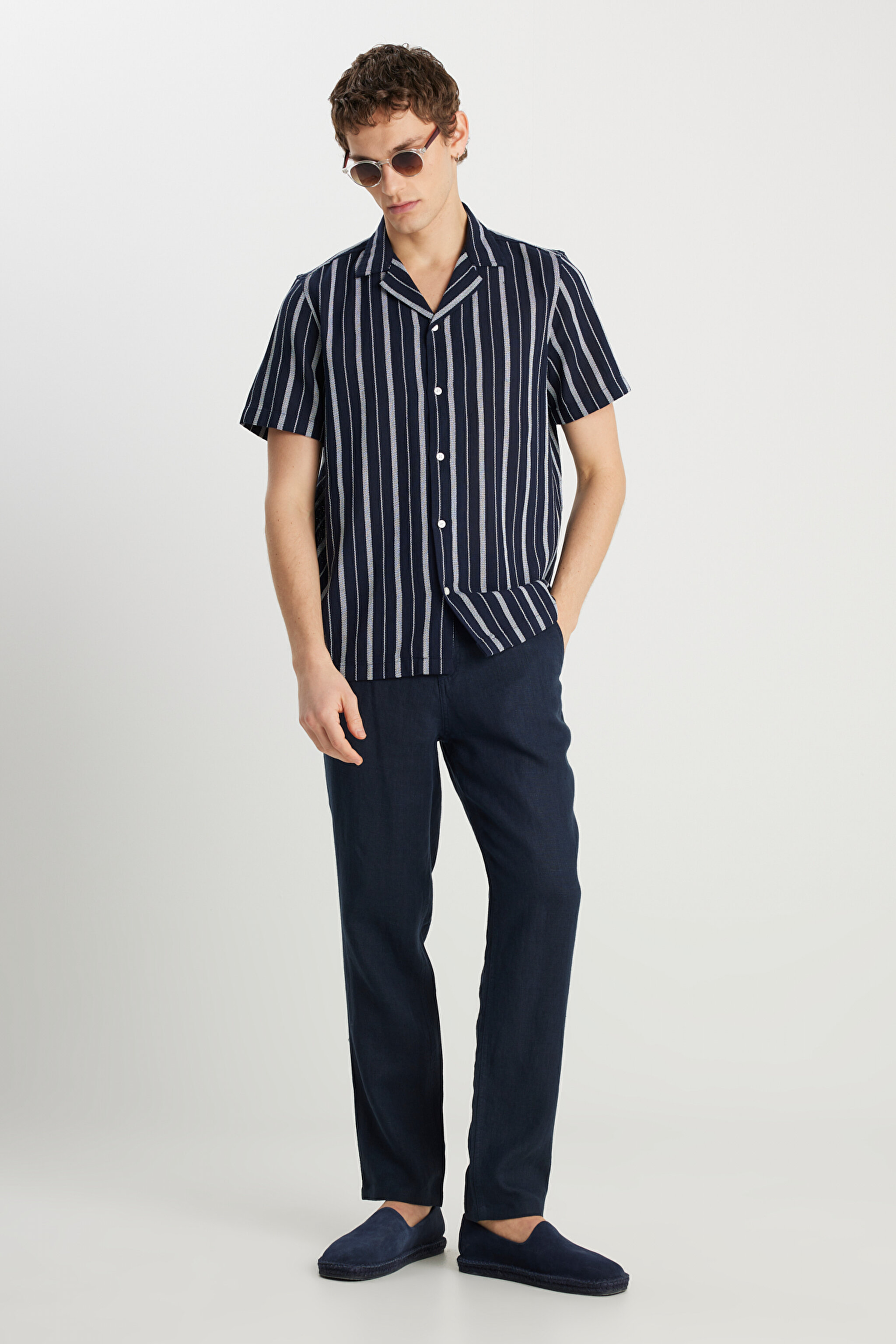 %100 Keten Regular Fit Normal Kesim Normal Bel Düz Paça Lacivert Pantolon