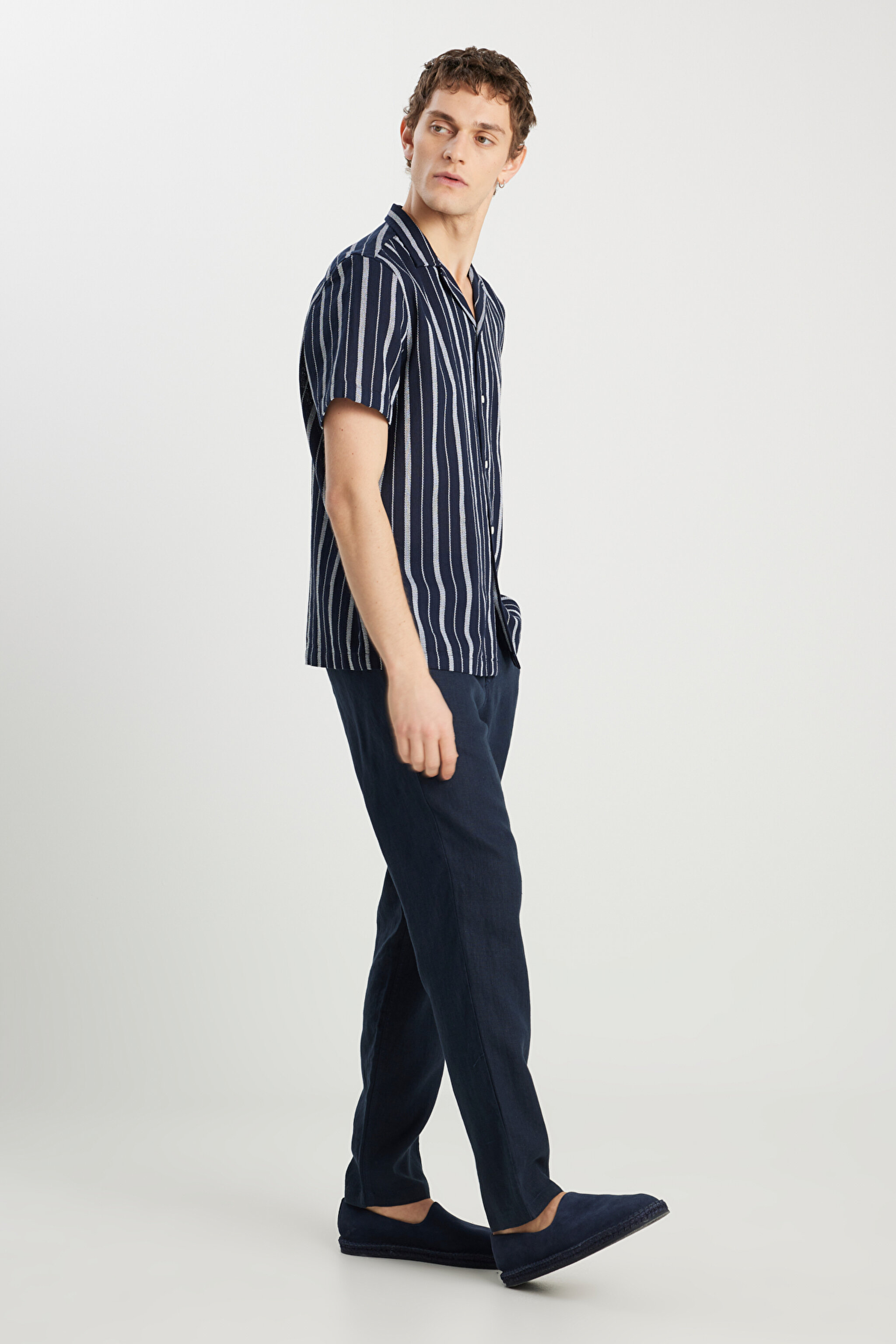 %100 Keten Regular Fit Normal Kesim Normal Bel Düz Paça Lacivert Pantolon - Navy-W2510479410 (görsel 2)