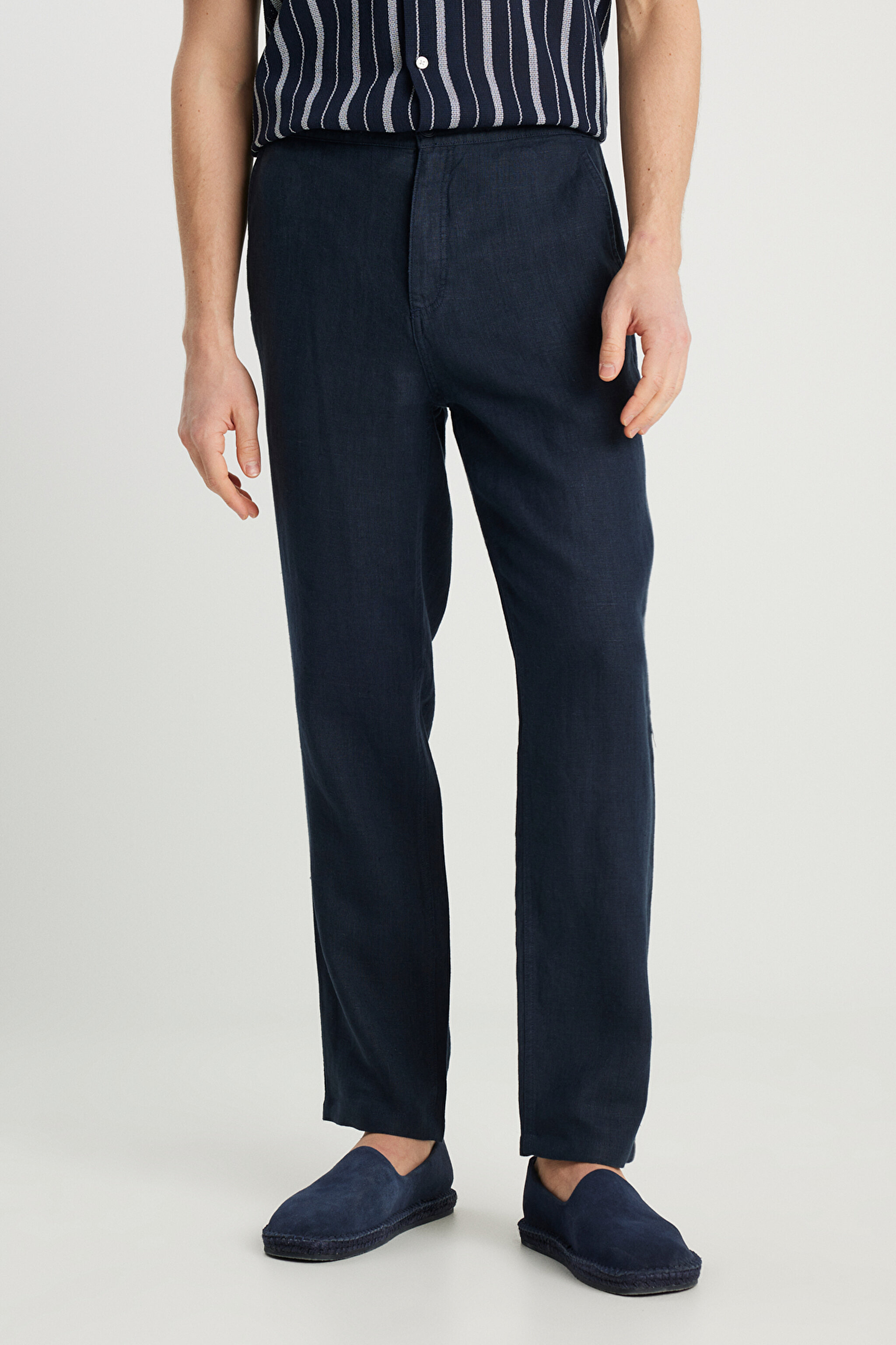 %100 Keten Regular Fit Normal Kesim Normal Bel Düz Paça Lacivert Pantolon - Navy-W2510479410 (görsel 3)