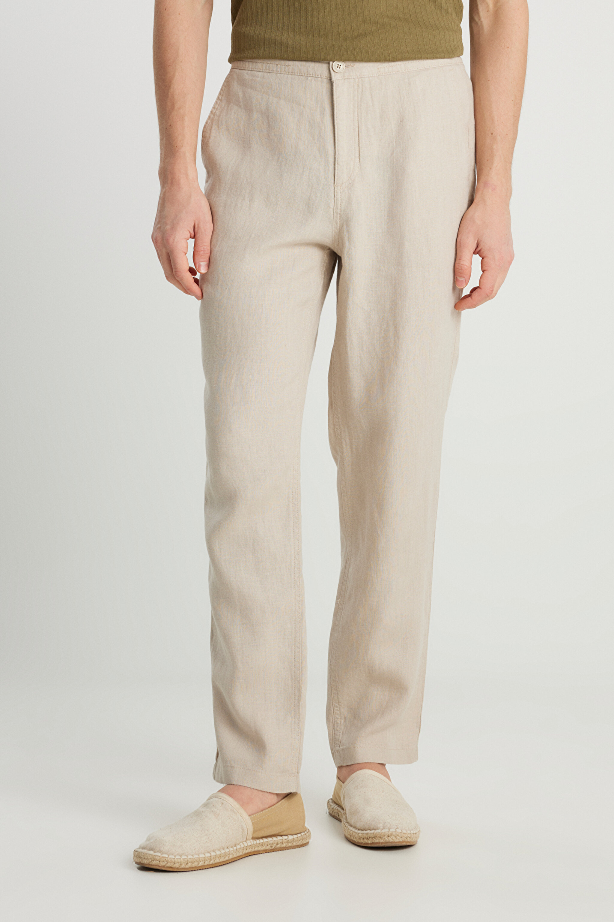 %100 Keten Regular Fit Normal Kesim Normal Bel Düz Paça Bej Pantolon - Beige-W2510479614 (görsel 3)