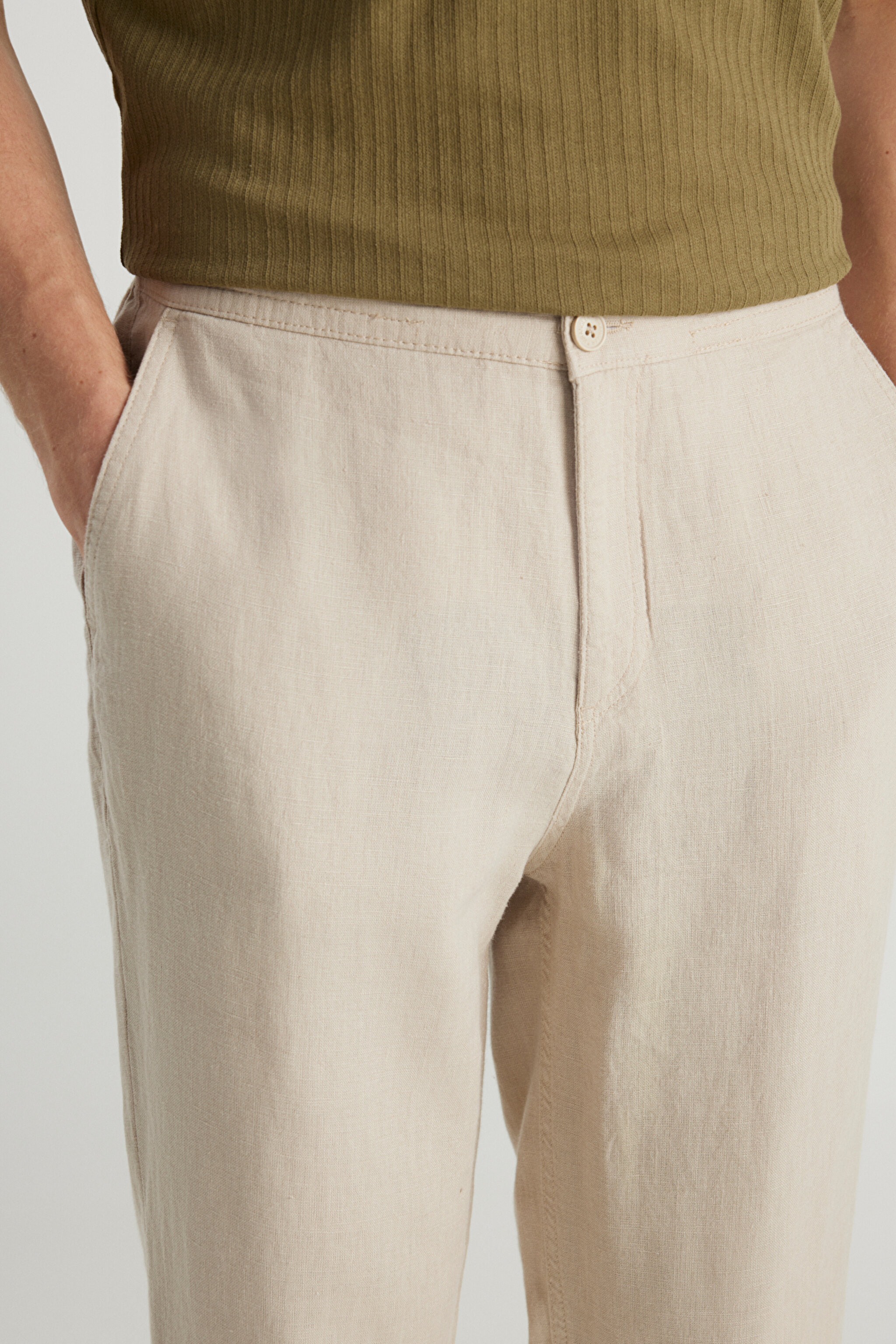 %100 Keten Regular Fit Normal Kesim Normal Bel Düz Paça Bej Pantolon - Beige-W2510479614 (görsel 5)