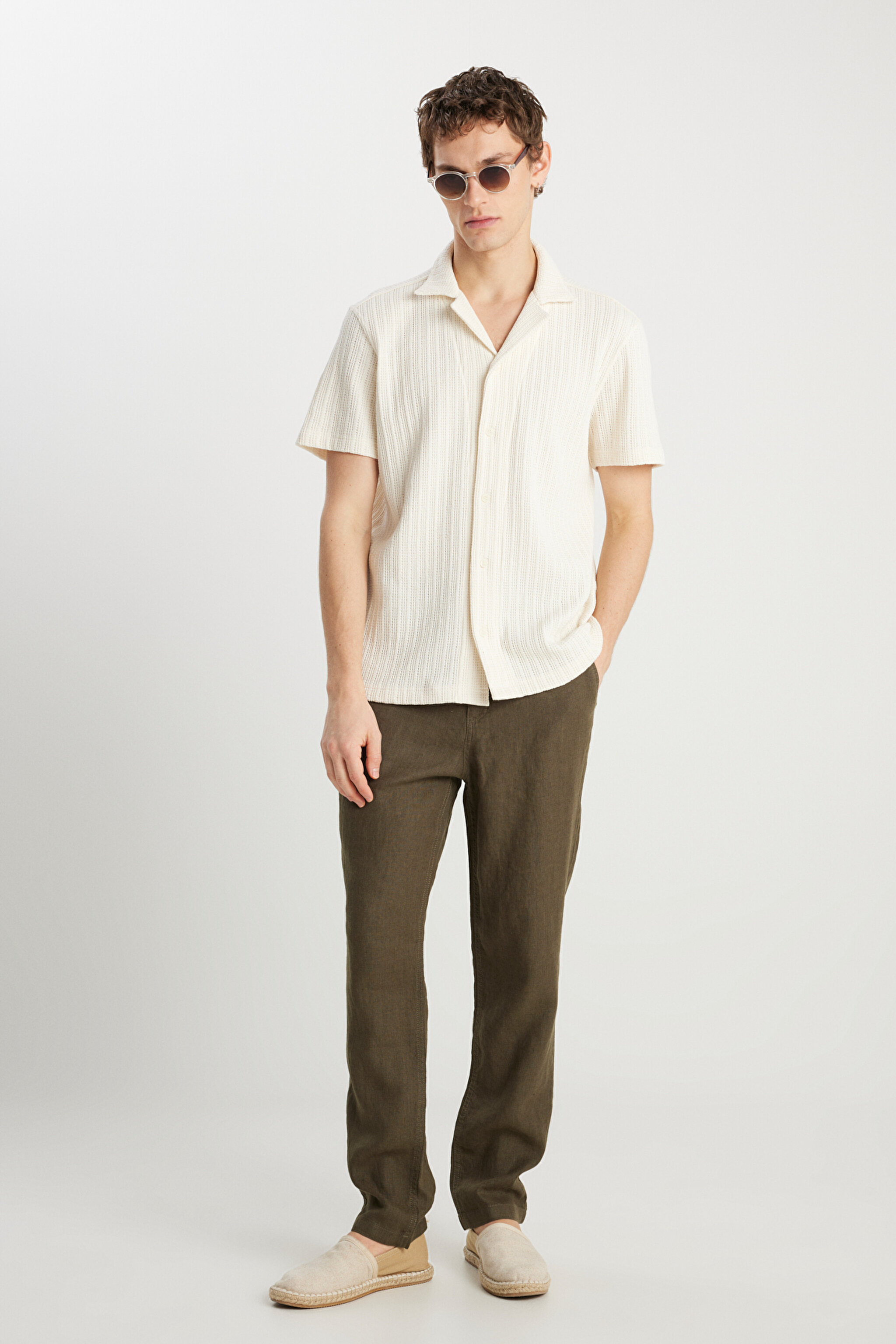 %100 Keten Regular Fit Normal Kesim Normal Bel Düz Paça Haki Pantolon - Khaki-W2510479801