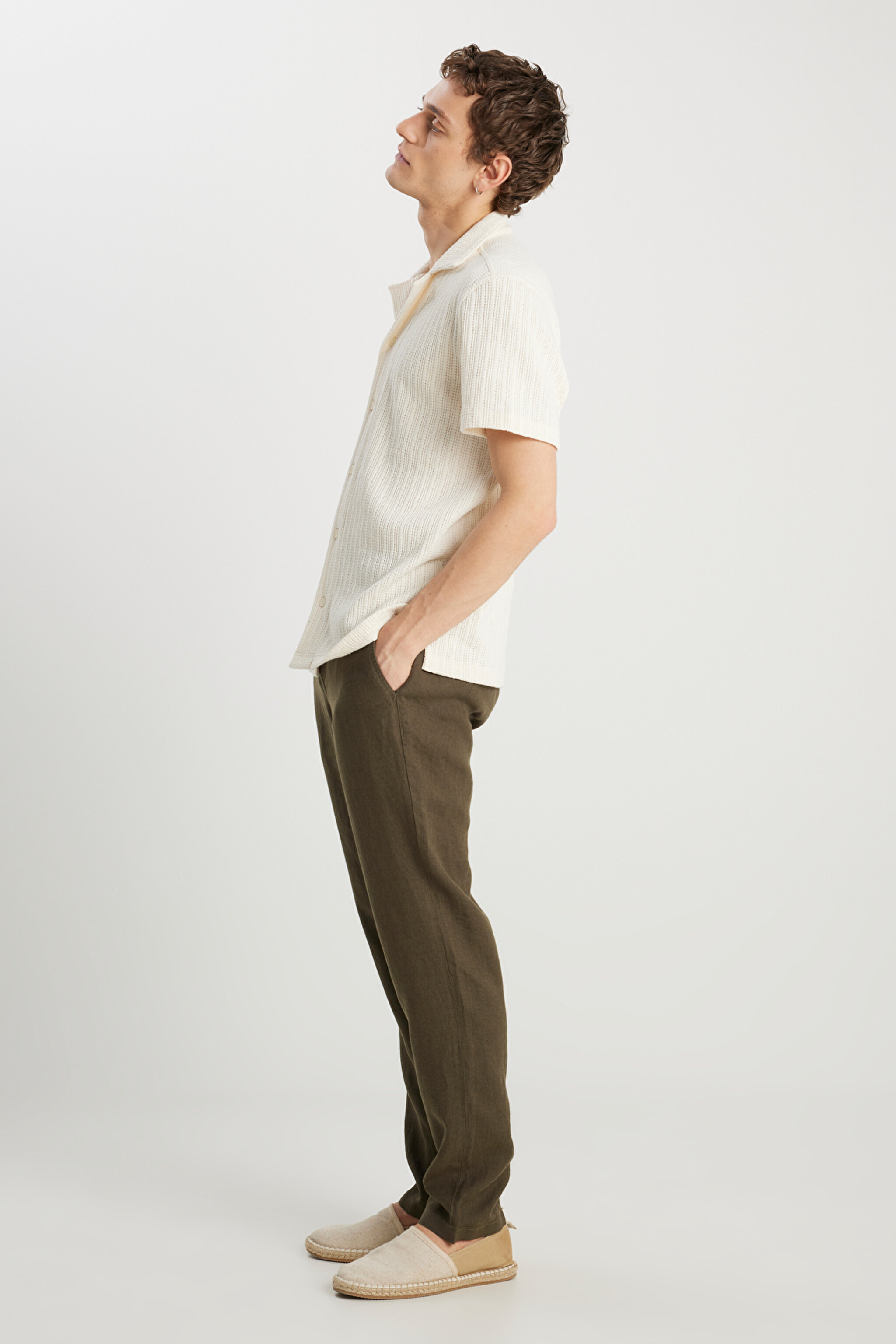 %100 Keten Regular Fit Normal Kesim Normal Bel Düz Paça Haki Pantolon - Khaki-W2510479801 (görsel 2)